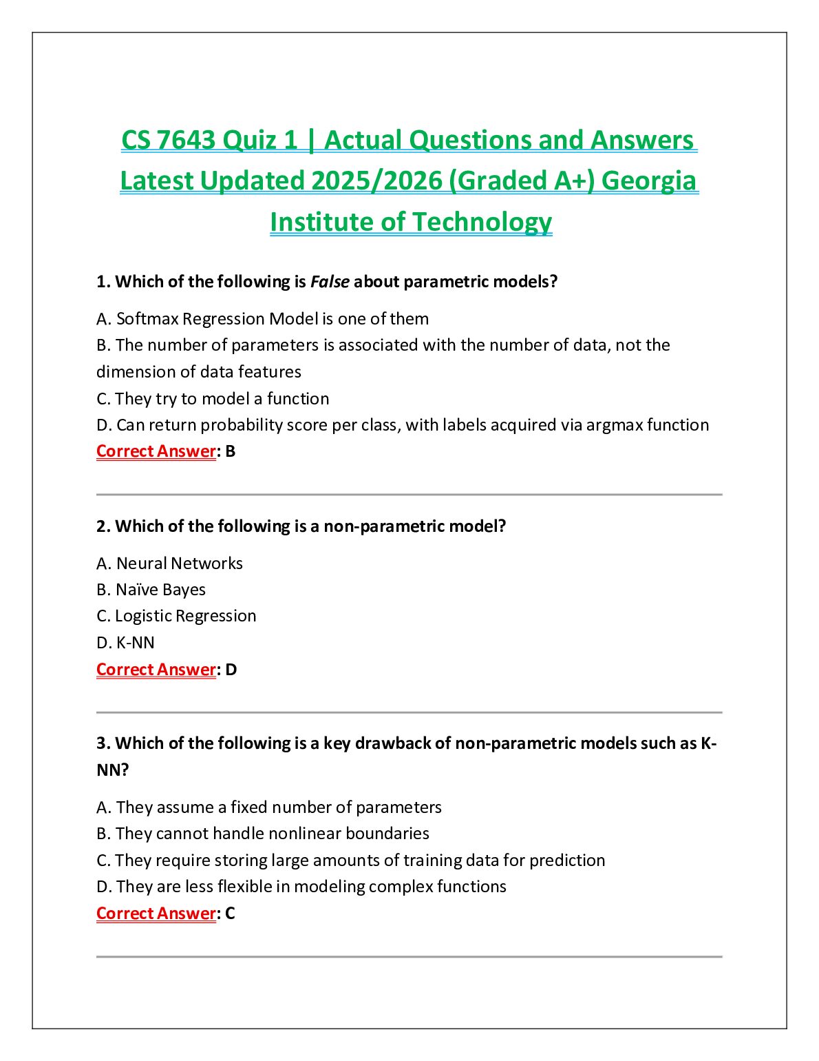 CS 7643 Quiz 1 | Actual Questions and Answers Latest Updated 2025/2026 (Graded A+) Georgia Institute of Technology preview image