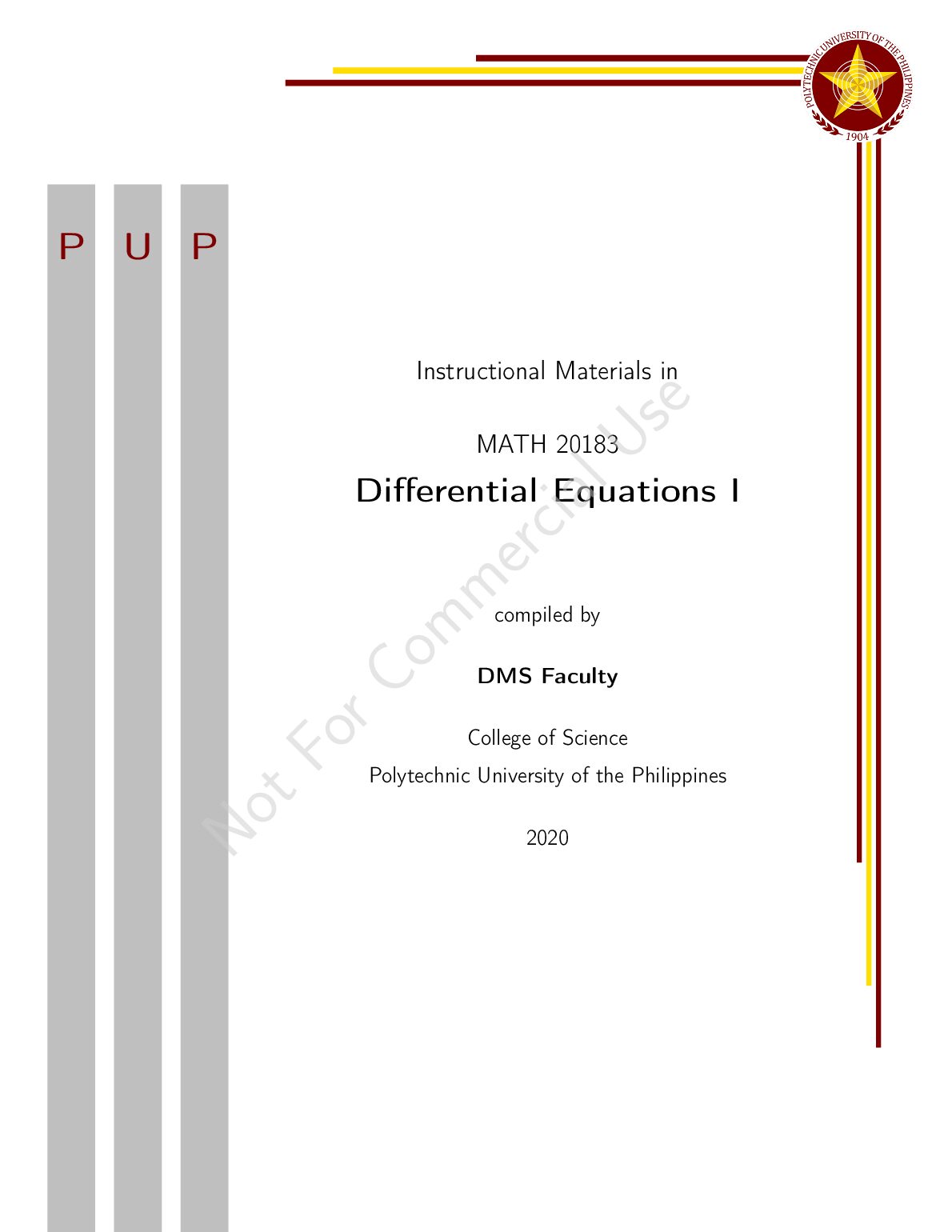 MATH20183 DIFFERENTIAL EQUATIONS 1 (INSTRUCTIONAL MATERIALS). preview image