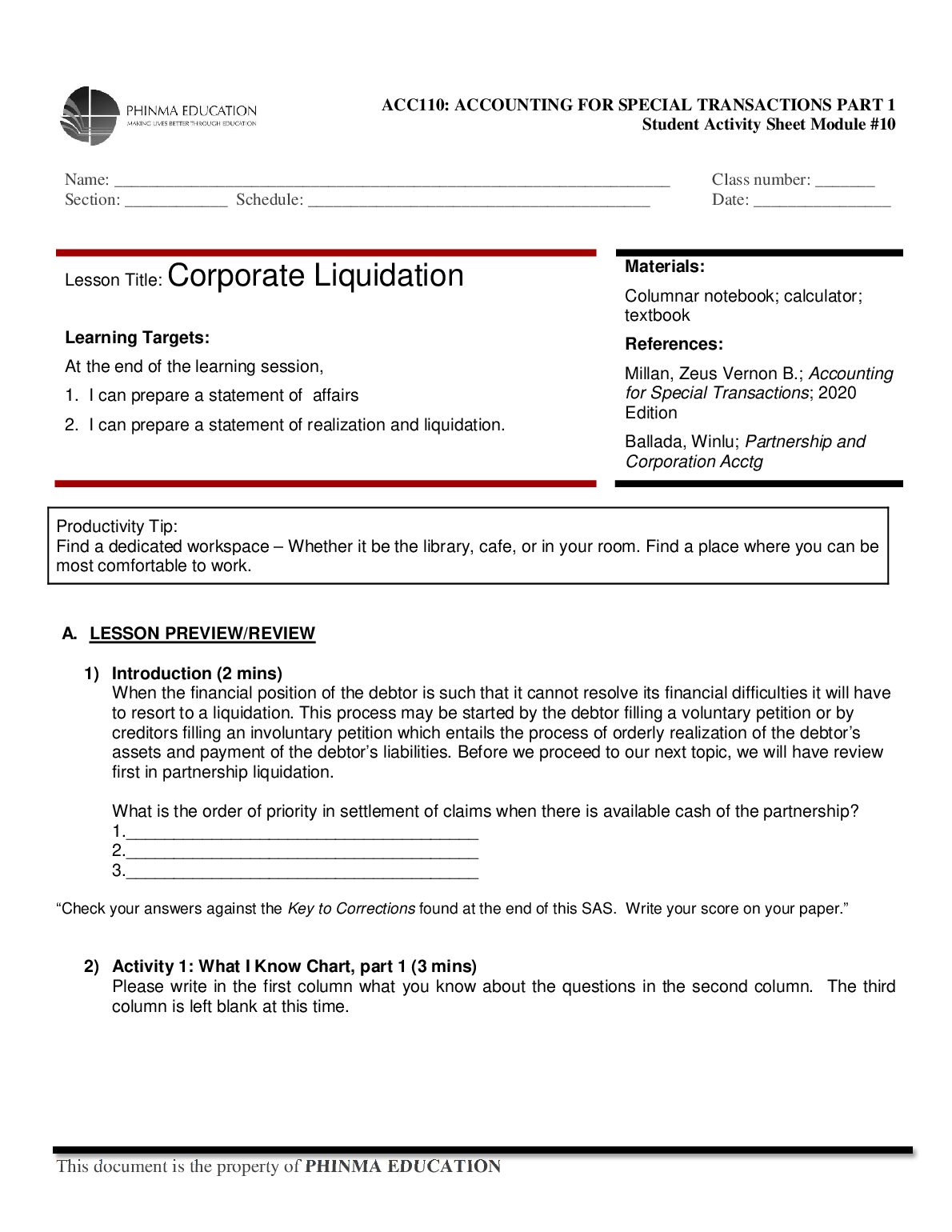 ACC110: ACCOUNTING FOR SPECIAL TRANSACTIONS PART 1 Student Activity Sheet Module #10 preview image