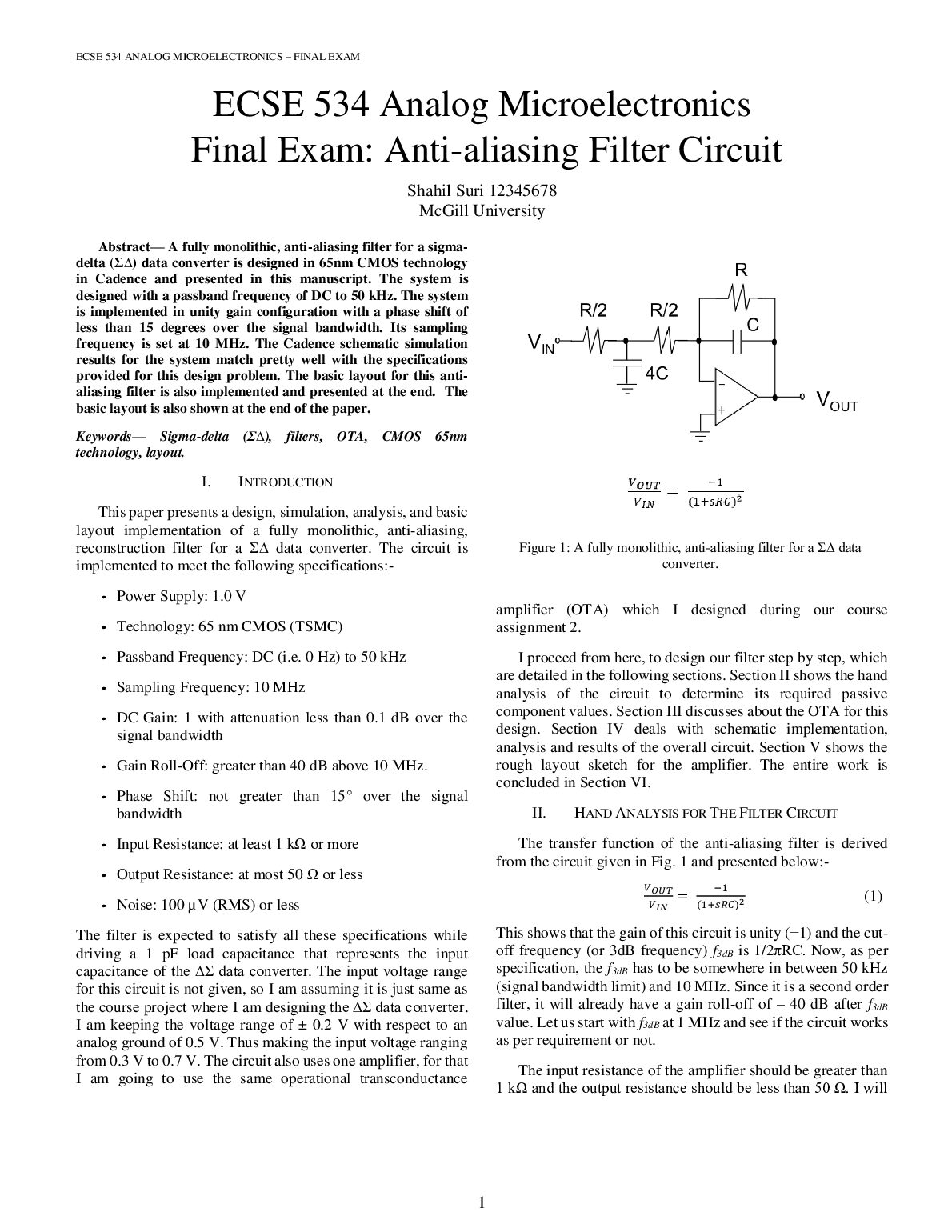ECSE 534 Analog Microelectronics  Final Exam: Anti-aliasing Filter Circuit preview image