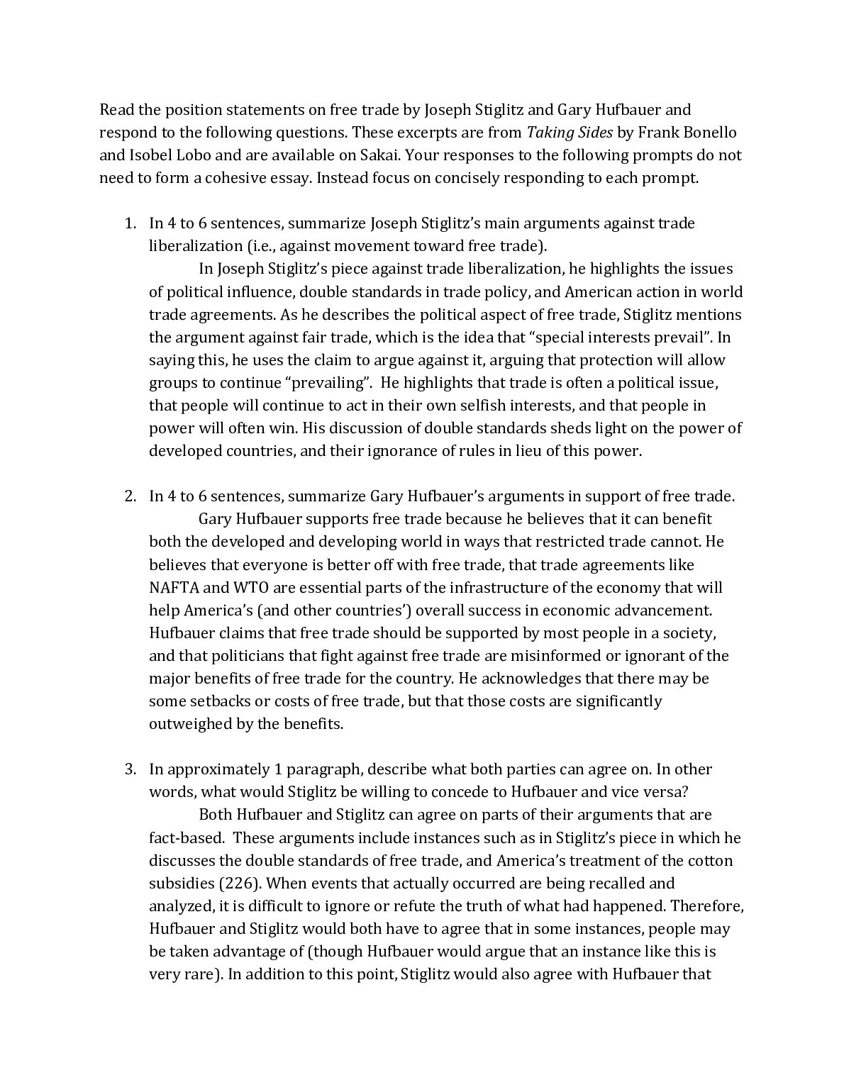 In 4 to 6 sentences, summarize Joseph Stiglitz’s main arguments against trade liberalization (i.e., against movement tow... preview image