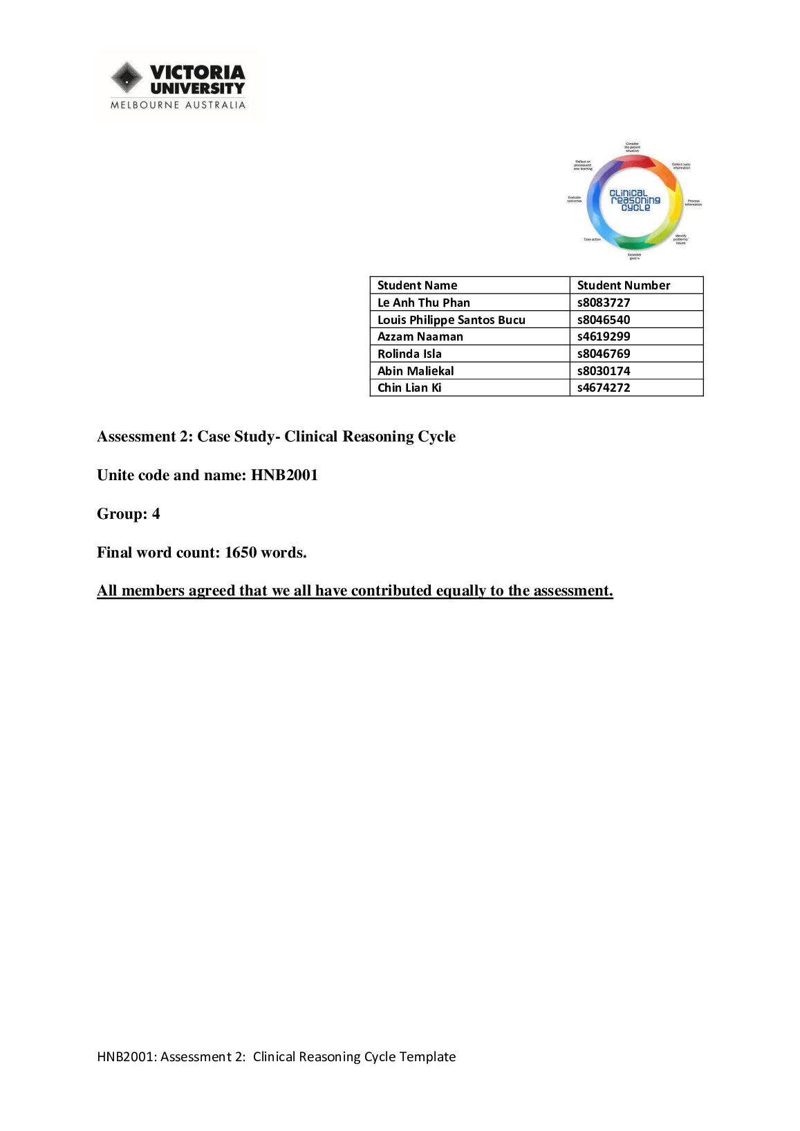 HNB 2001 Clinical Reasoning Cycle   Assessment 2: Case Study- preview image
