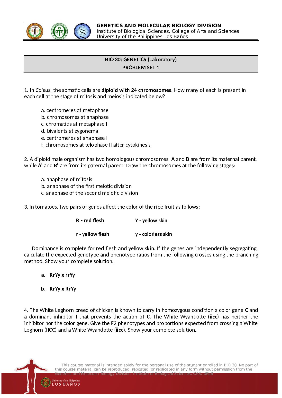 BIO 30: GENETICS (Laboratory) PROBLEM SET 1 preview image