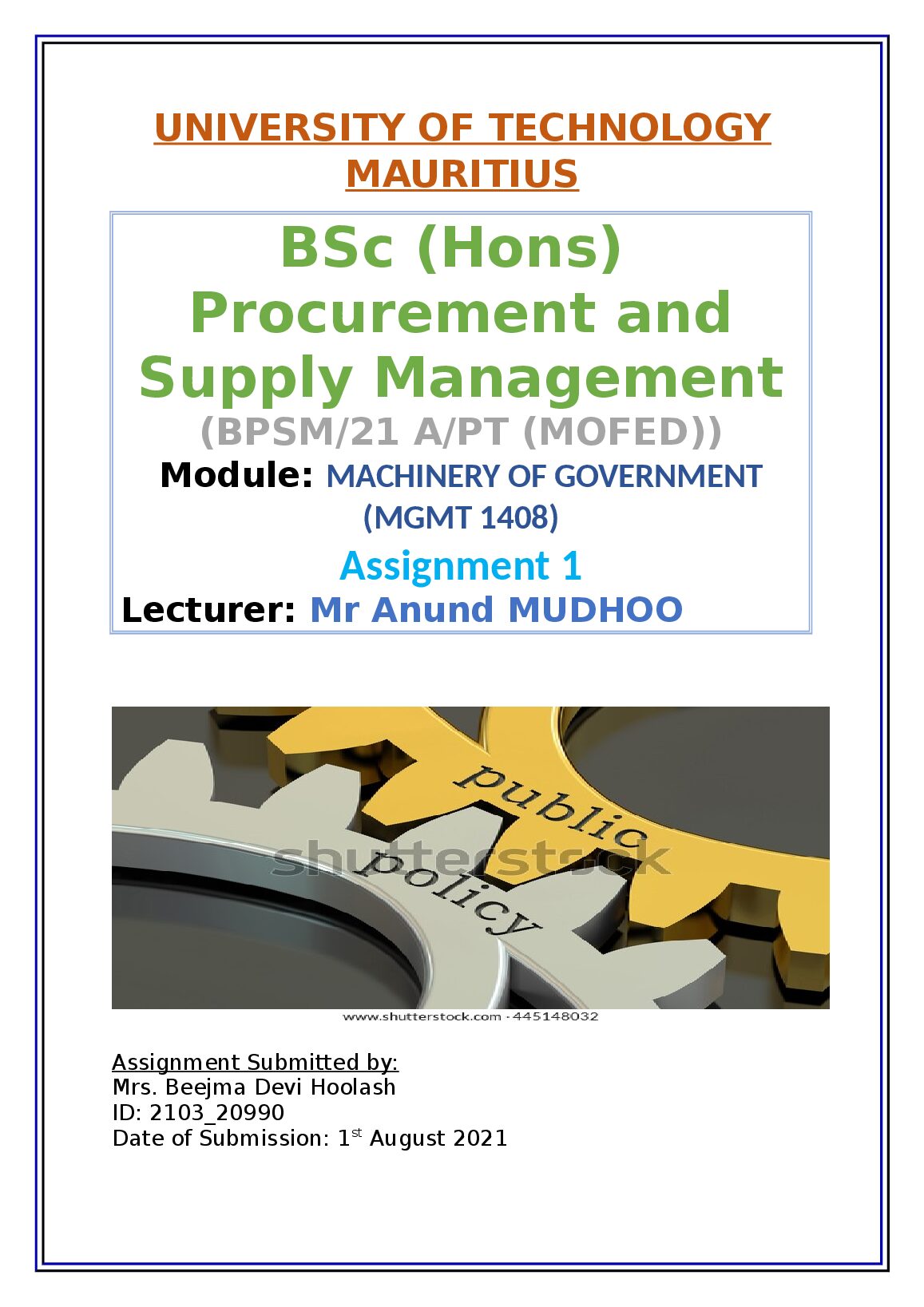 BSc (Hons) Procurement and Supply Management (BPSM/21 A/PT (MOFED)) Module: MACHINERY OF GOVERNMENT (MGMT 1408) Assignme... preview image