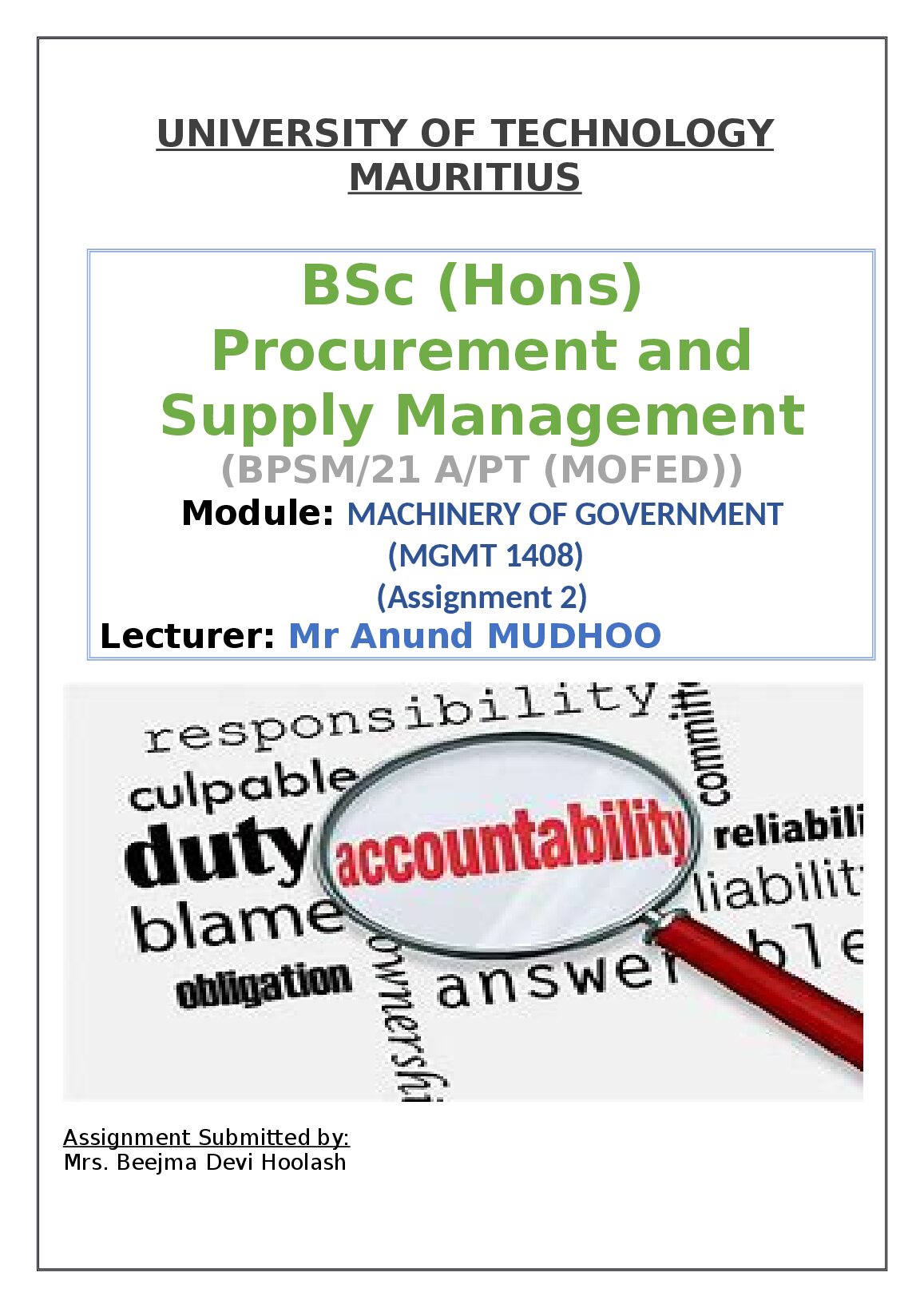BSc (Hons) Procurement and Supply Management (BPSM/21 A/PT (MOFED)) Module: MACHINERY OF GOVERNMENT  (MGMT 1408) (Assign... preview image