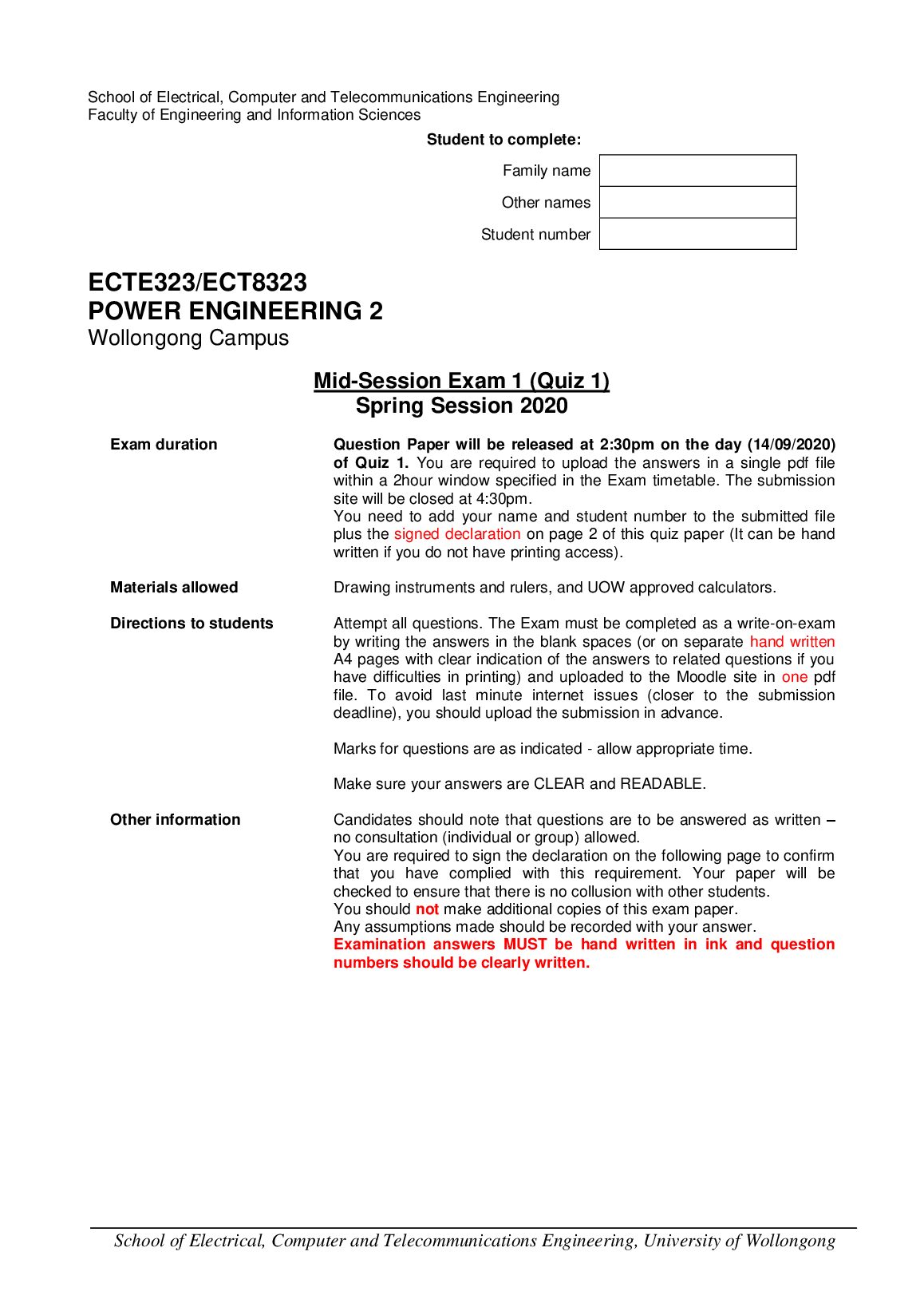 ECTE323/ECT8323 POWER ENGINEERING 2 Wollongong Campus Mid-Session Exam 1 (Quiz 1) Spring Session 2020 preview image