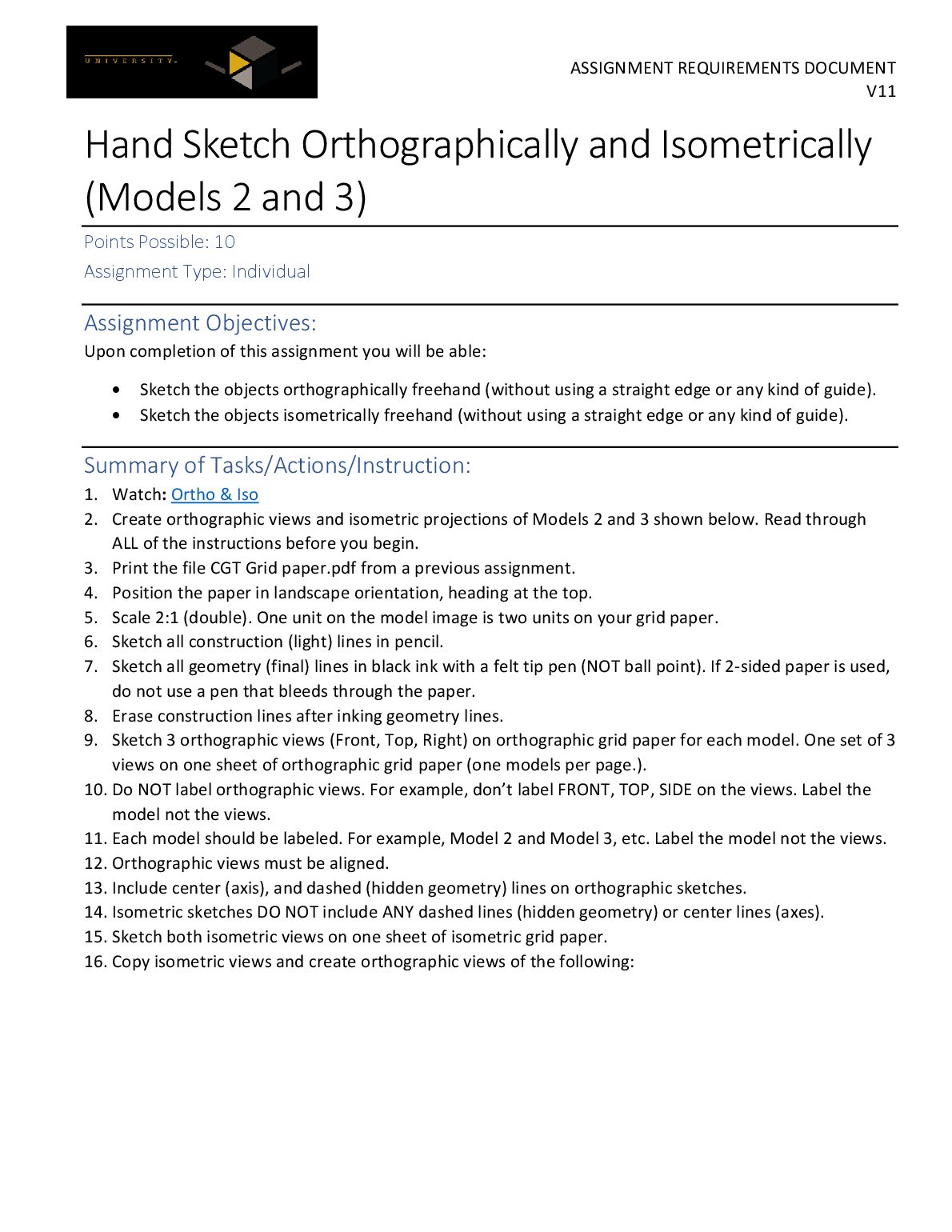 ASSIGNMENT REQUIREMENTS DOCUMENT V11 Hand Sketch Orthographically and Isometrically (Models 2 and 3) preview image