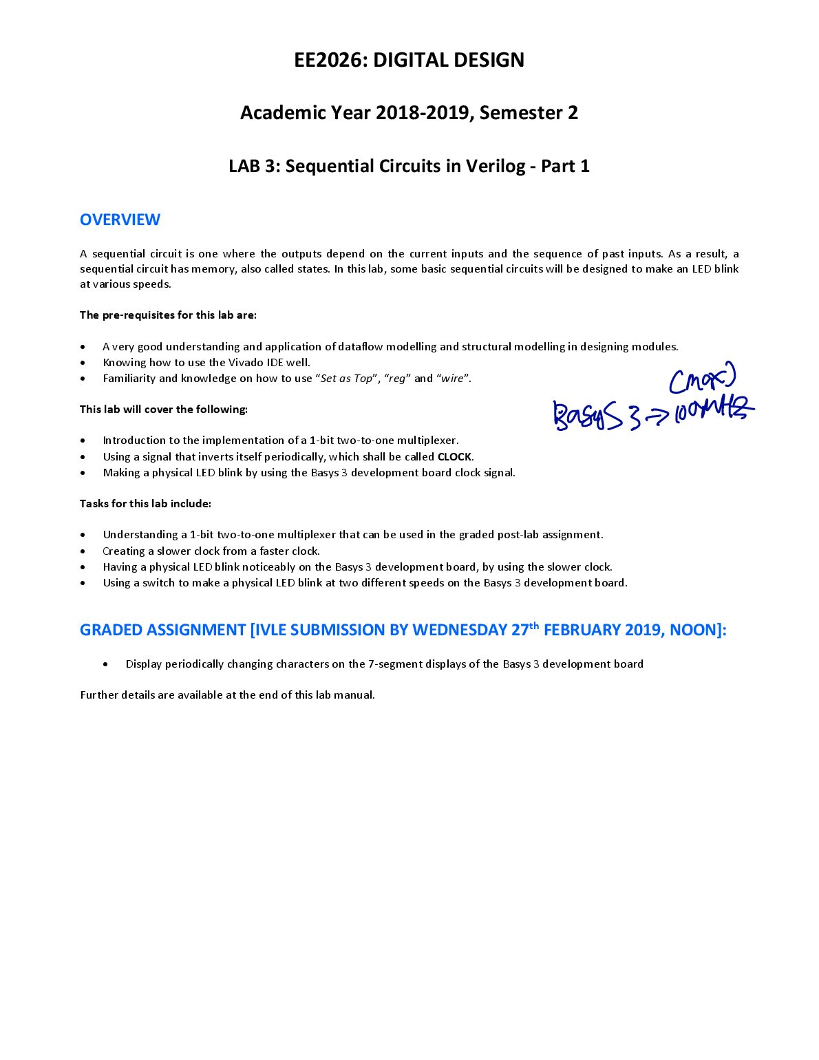 EE2026: DIGITAL DESIGN  Academic Year 2018‐2019, Semester 2     LAB 3: Sequential Circuits in Verilog ‐ Part 1 preview image
