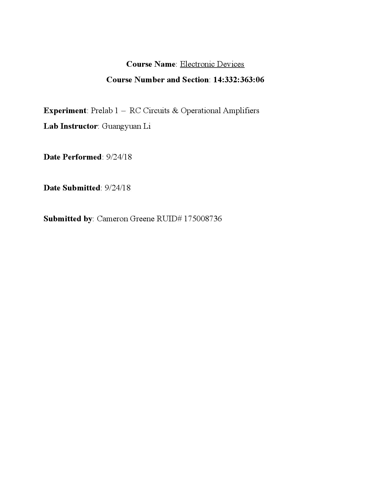 Electronic Devices Experiment: Prelab 1 – RC Circuits & Operational Amplifiers preview image