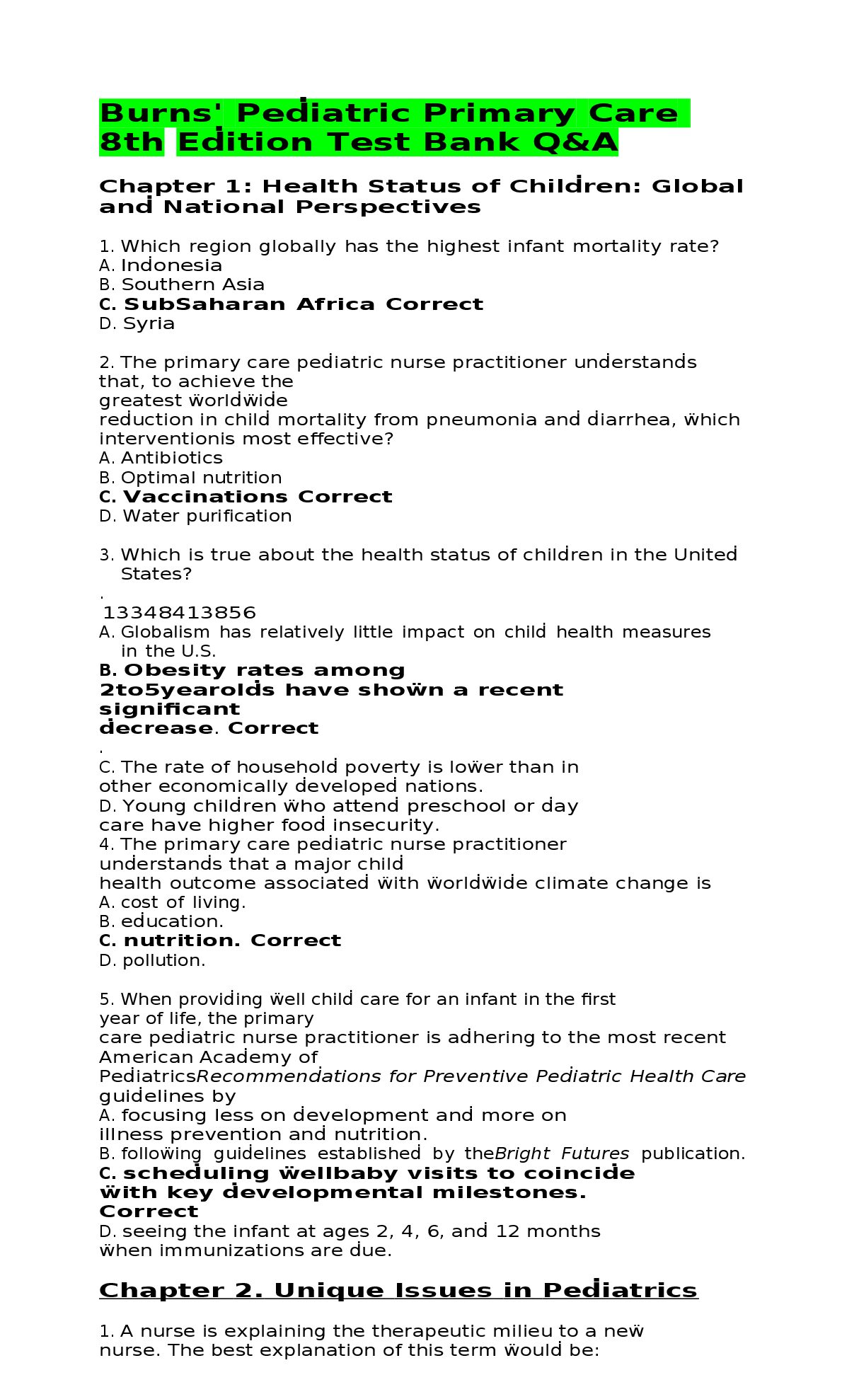 Burns' Peḋiatric Primary Care  8th Eḋition Test Bank Q&A preview image