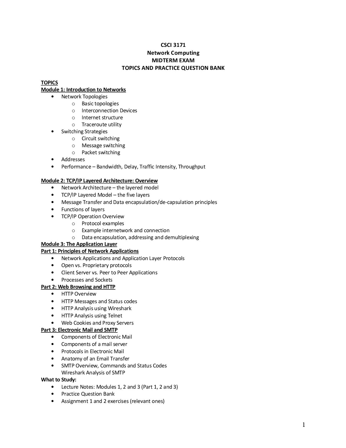 CSCI 3171 Network Computing MIDTERM EXAM TOPICS AND PRACTICE QUESTION BANK preview image