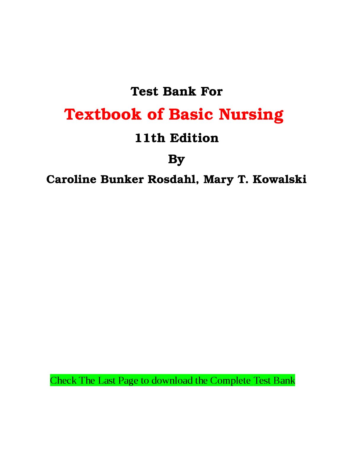 Test Bank For Textbook of Basic Nursing 11th Edition By Caroline Bunker Rosdahl, Mary T. Kowalski.do preview image