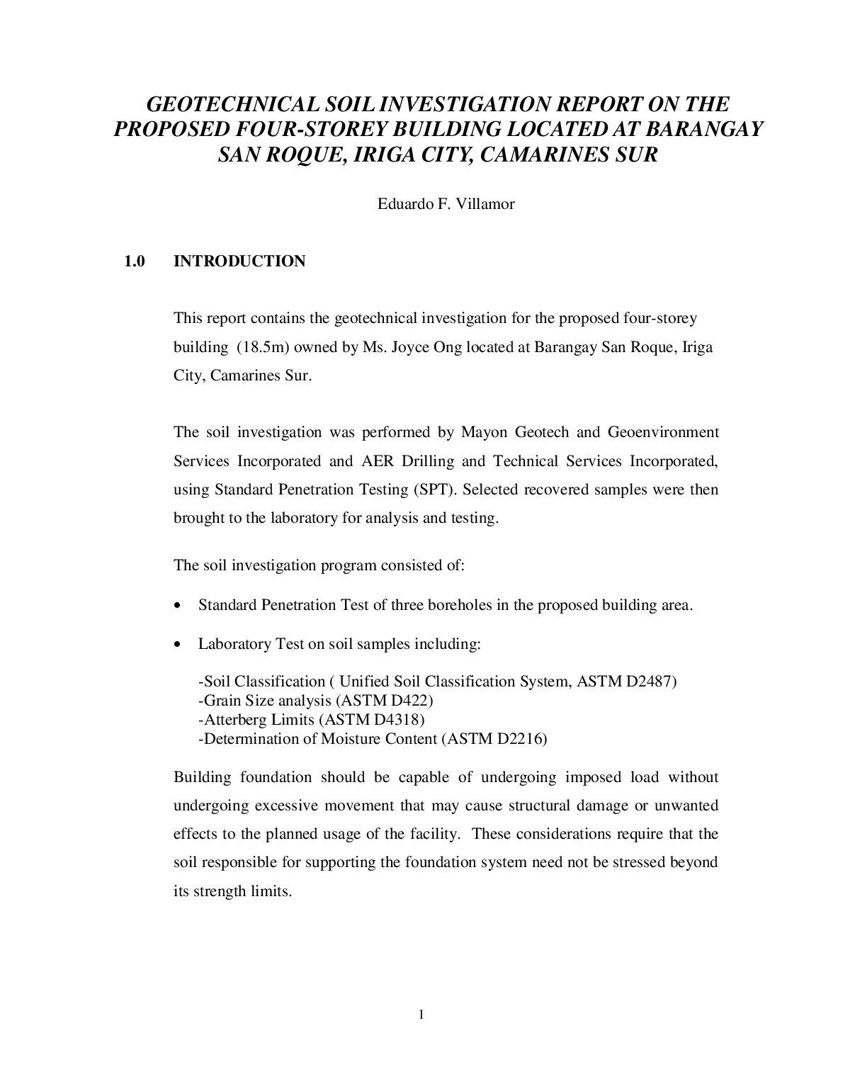 GEOTECHNICAL SOIL INVESTIGATION REPORT ON THE PROPOSED FOUR-STOREY BUILDING LOCATED AT BARANGAY SAN ROQUE, IRIGA CITY, C... preview image