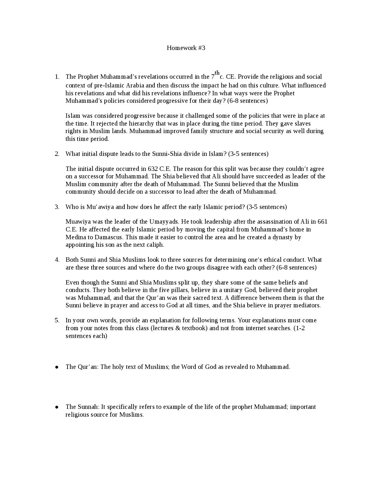 RELGION REL 101  Homework #3 | The Prophet Muhammad’s revelations occurred in the 7thc. CE. Provide the religious and so... preview image