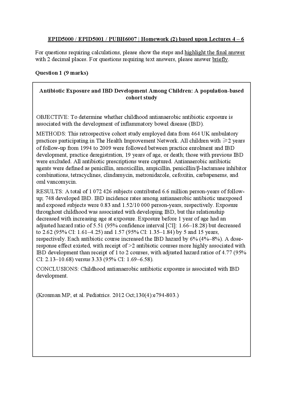 EPID5000 / EPID5001 / PUBH6007 | Homework (2) based upon Lectures 4 – 6 preview image