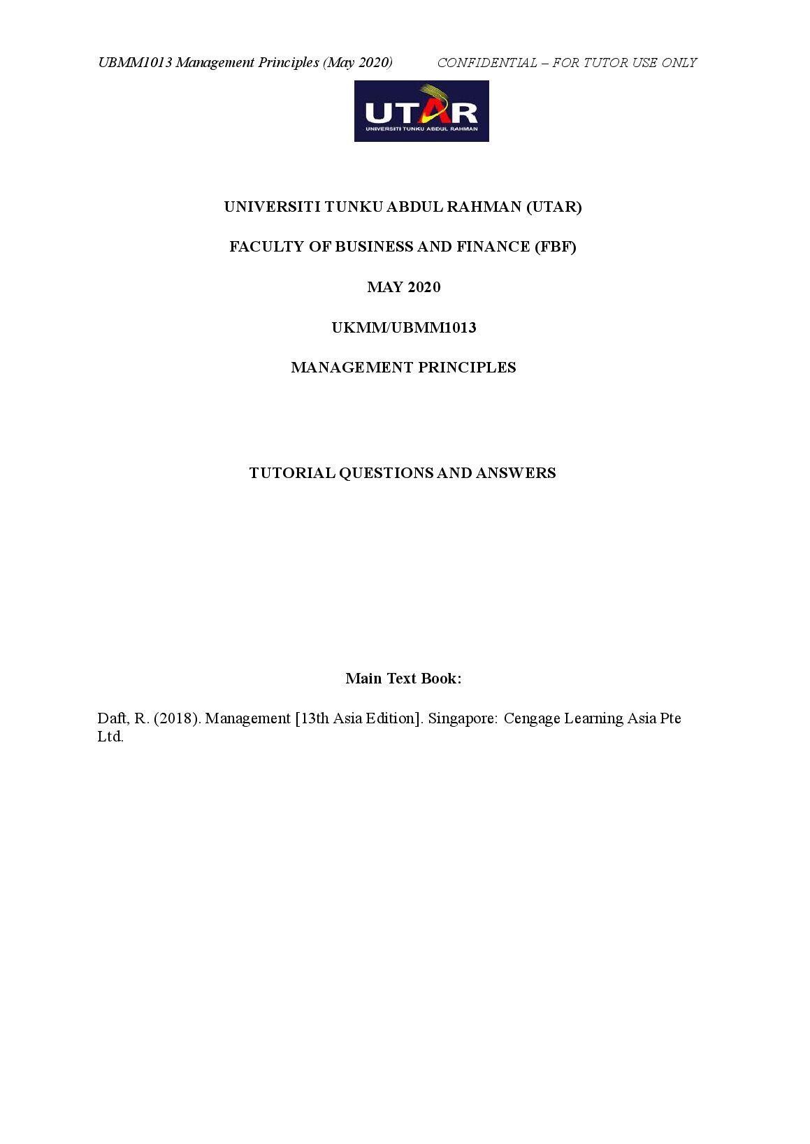 UBMM1013 Management Principles (May 2020) CONFIDENTIAL – FOR TUTOR USE ONLY preview image