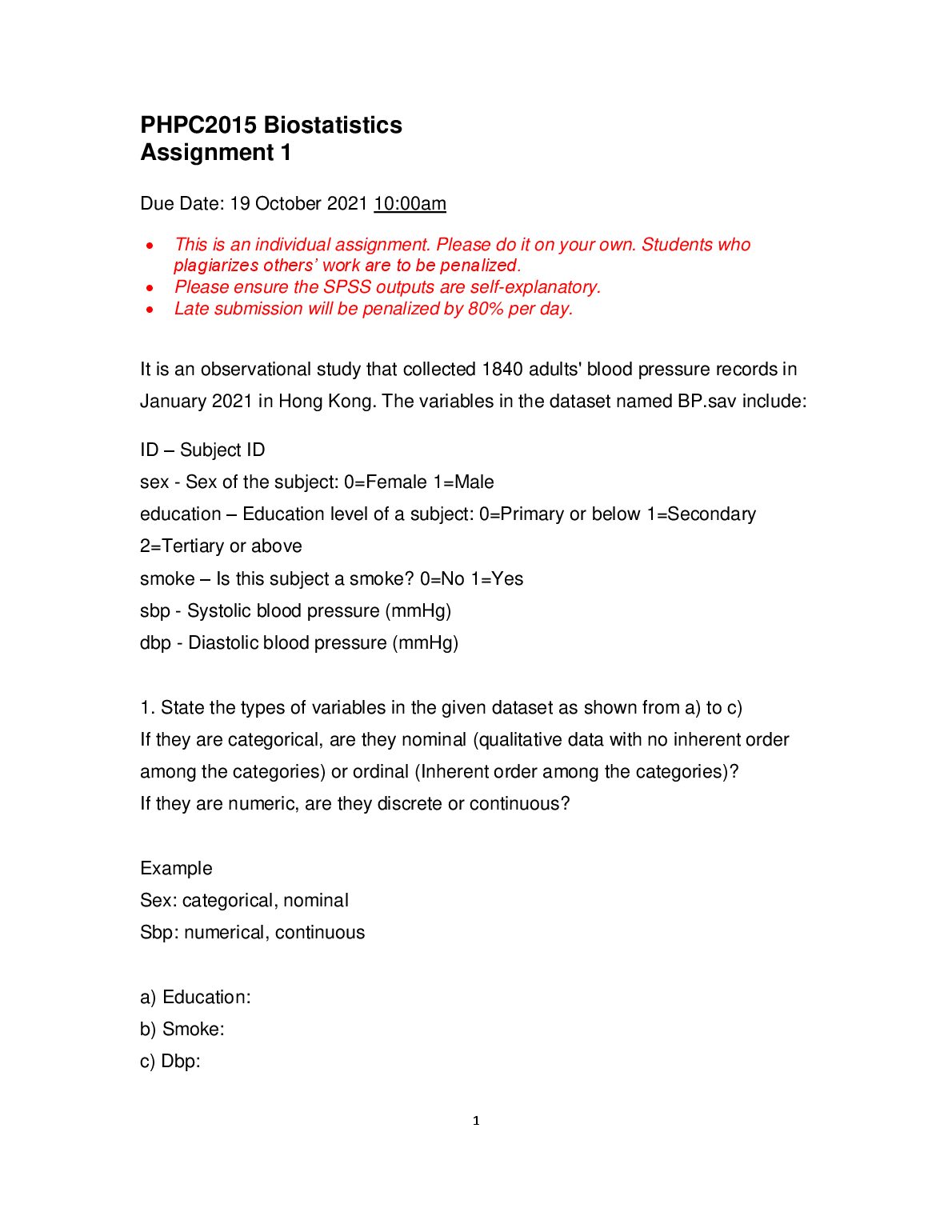 PHPC2015 Biostatistics Assignment 1 preview image