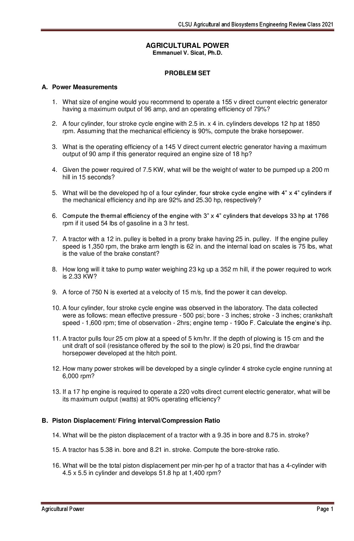 CLSU Agricultural and Biosystems Engineering AGRICULTURAL POWER  PROBLEM SET preview image