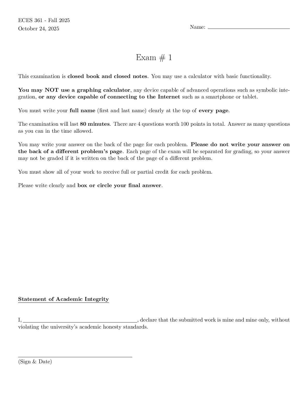 ECES 361 - Fall 2025 Exam 1 Solutions preview image