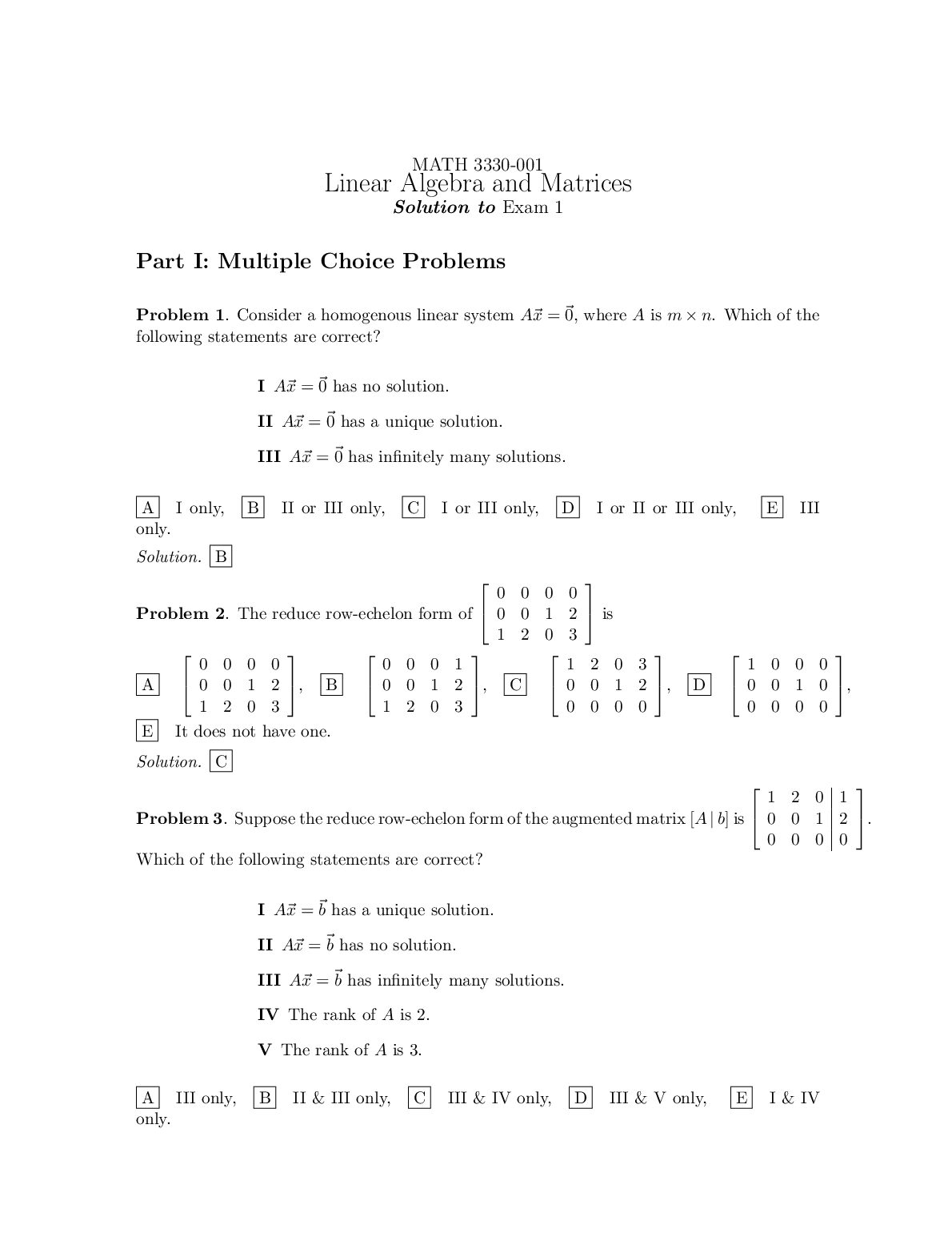 MATH 3330-001  Linear Algebra and Matrices  Solution to Exam 1 preview image