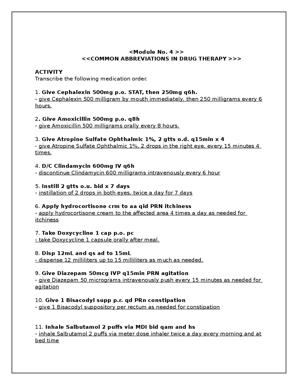 Pharmacology Activity No. 4 - Common Abbreviations in Medication Therapy preview image