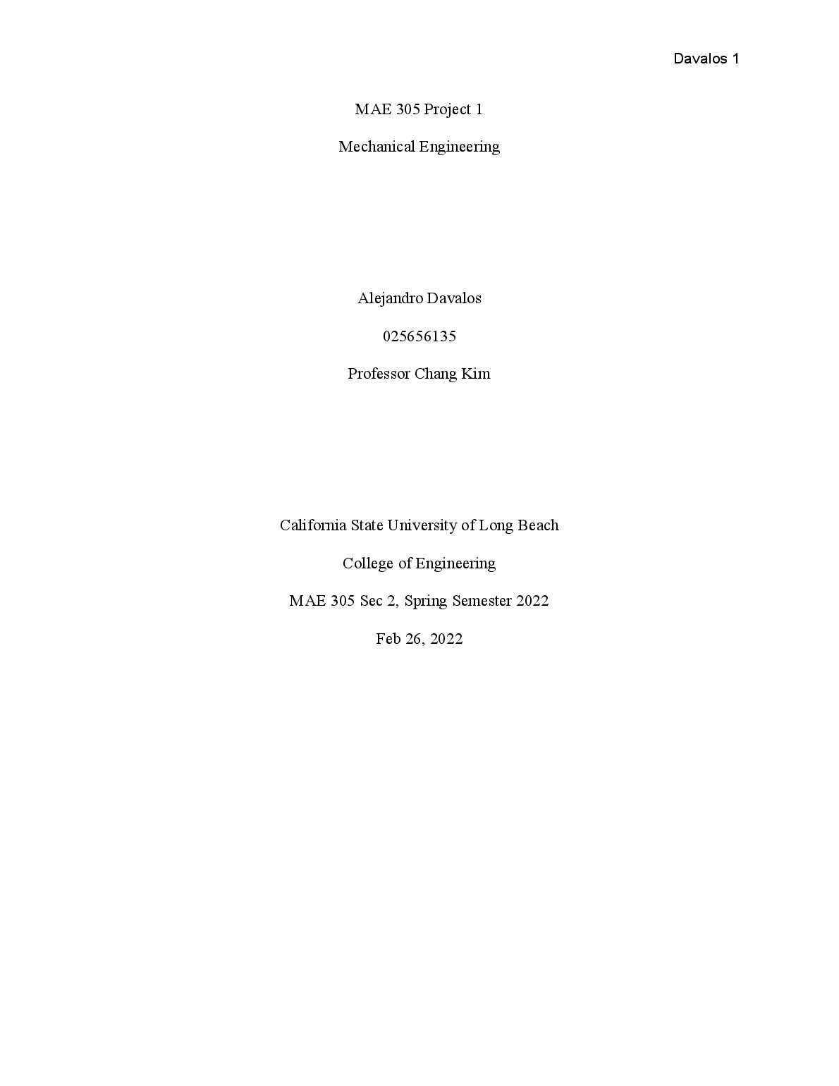 MAE 305 Project 1 Mechanical Engineering preview image