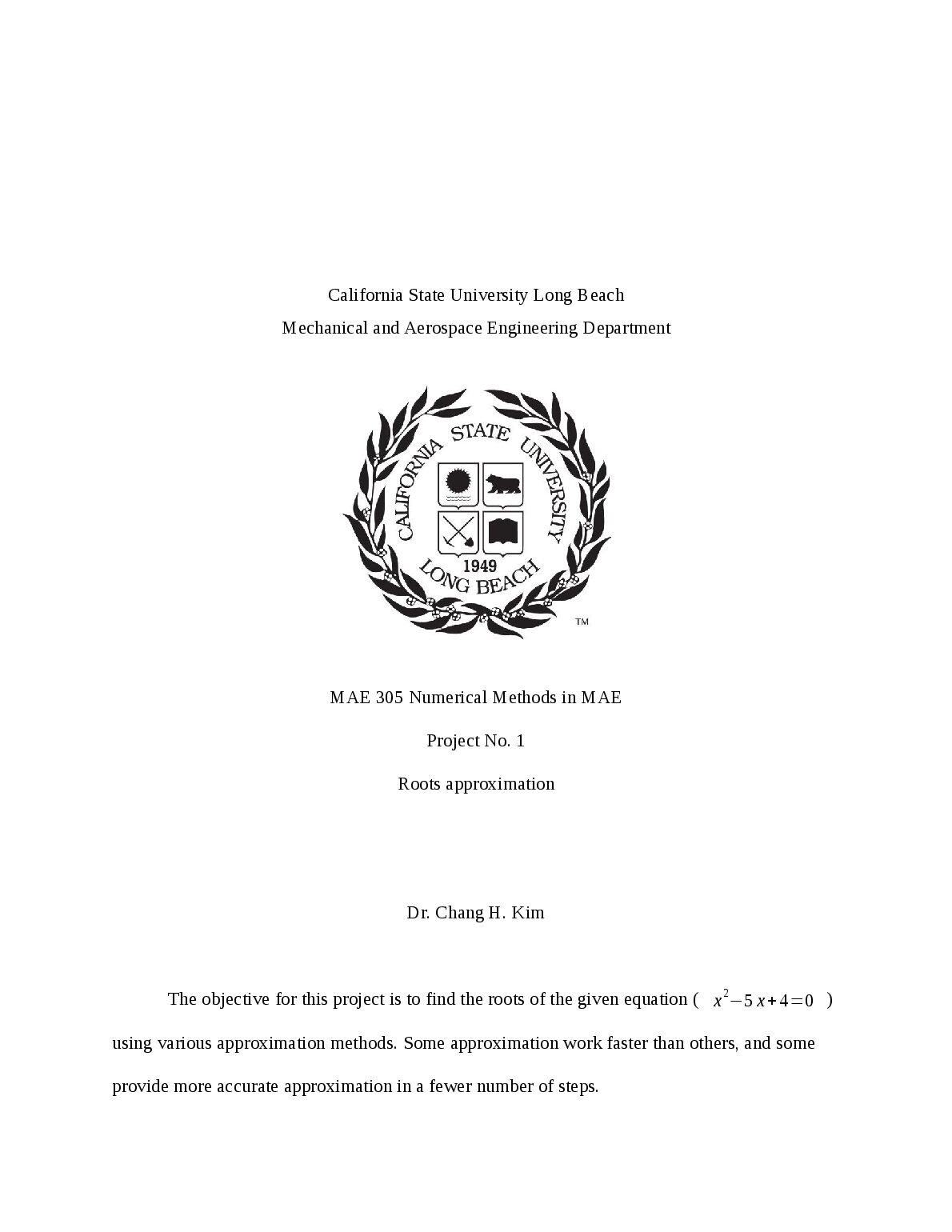 MAE 305 Numerical Methods in MAE Project No. 1 Roots approximation preview image