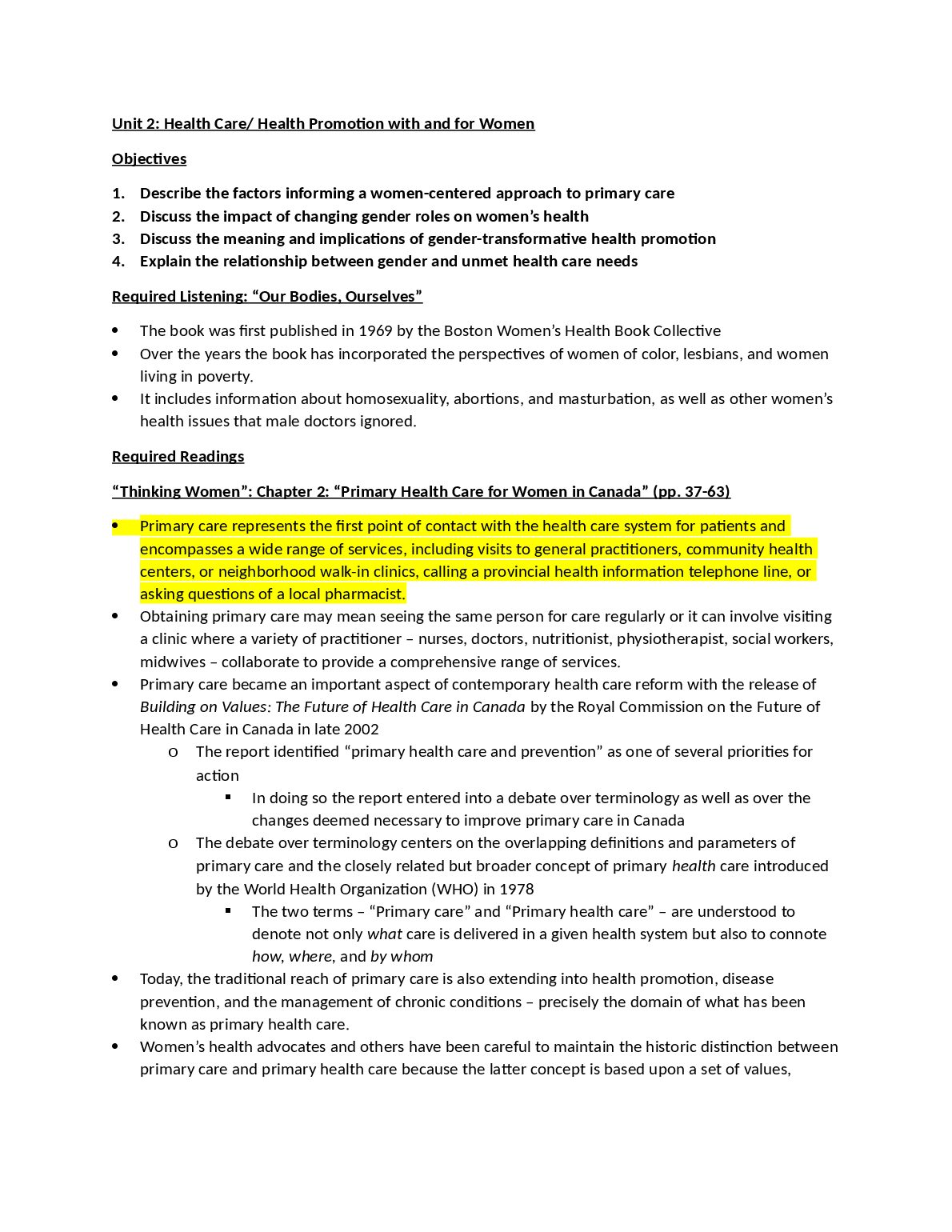 Unit 2: Health Care/ Health Promotion with and for Women preview image