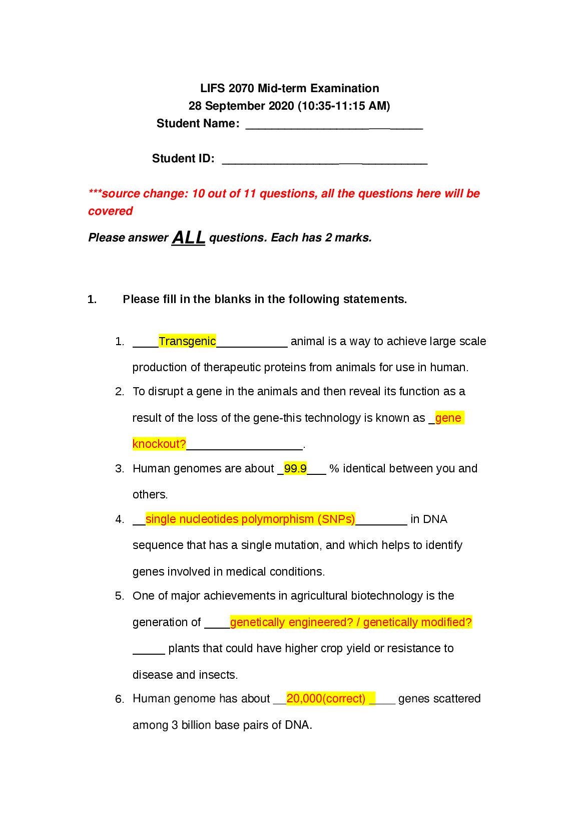LIFS 2070 Mid-term Examination 28 September 2020 preview image