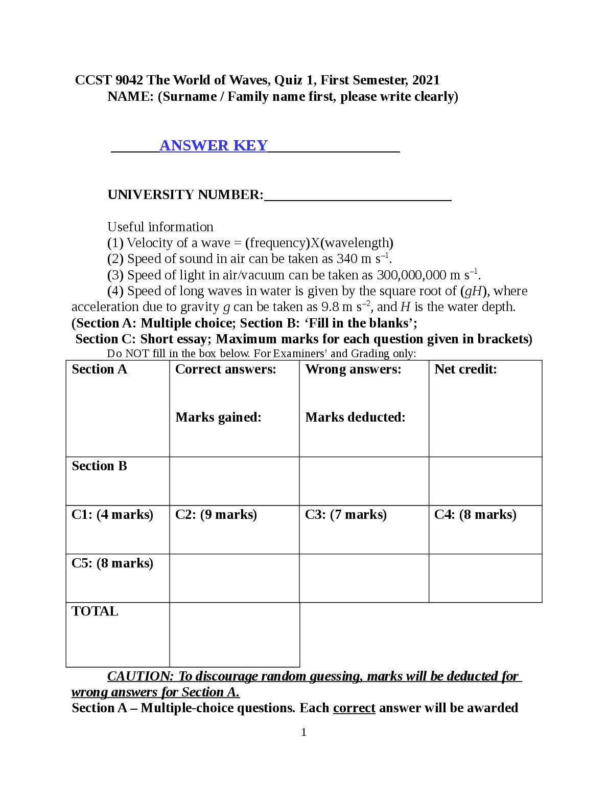 CCST 9042 The World of Waves, Quiz 1, First Semester, 2021 preview image