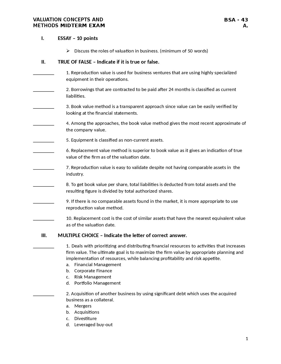 VALUATION CONCEPTS AND METHODS MIDTERM EXAM BSA - 43 A. preview image