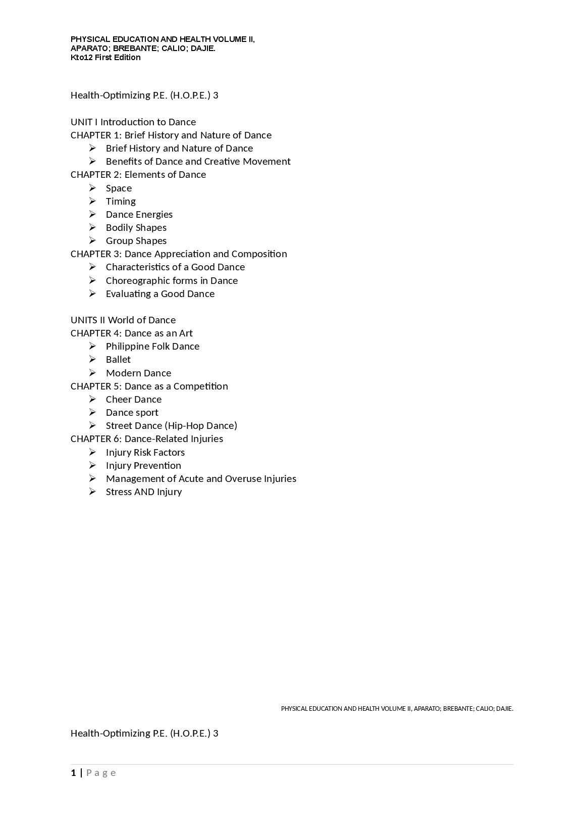 PHYSICAL EDUCATION AND HEALTH VOLUME II, APARATO; BREBANTE; CALIO; DAJIE. Kto12 First Edition preview image