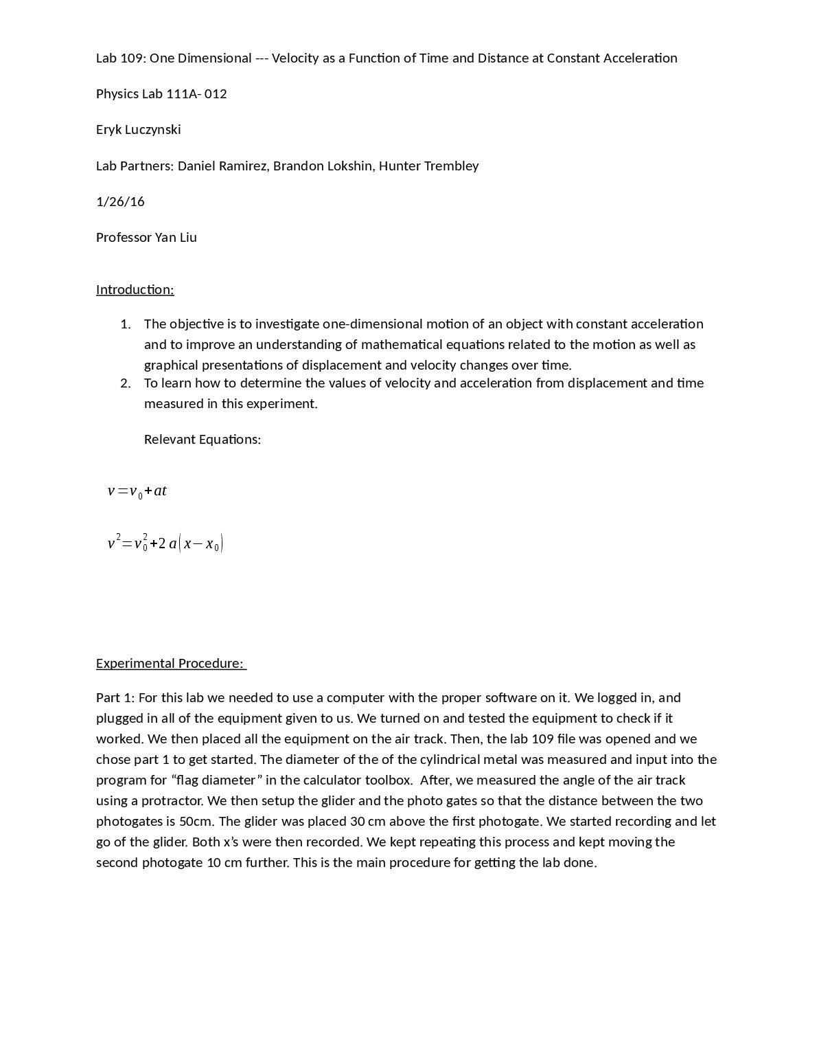Lab 109: One Dimensional --- Velocity as a Function of Time and Distance at Constant Acceleration Physics Lab 111A- 012 preview image
