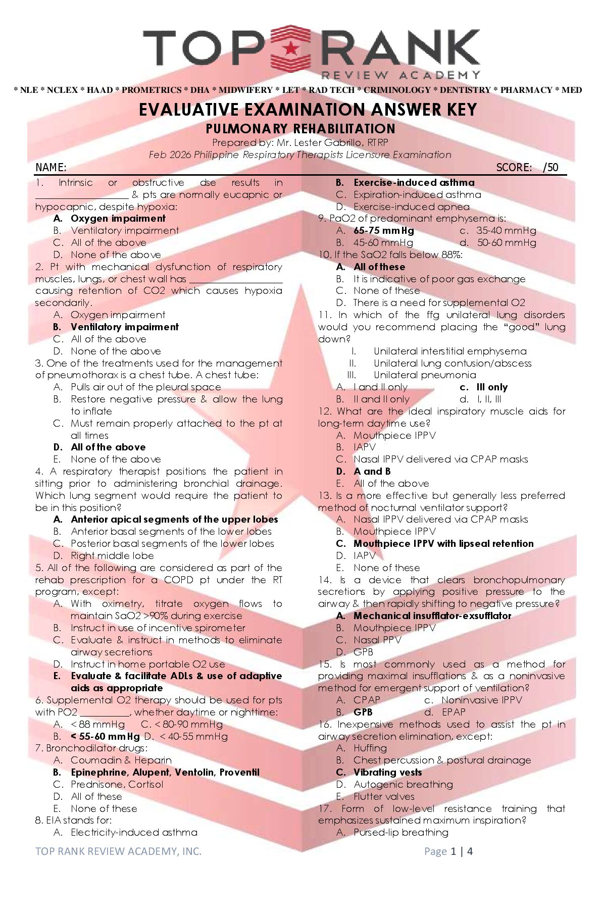 RESPI_EVALUATIVE EXAM ANSWER KEY_PULMONARY REHABILITATION preview image