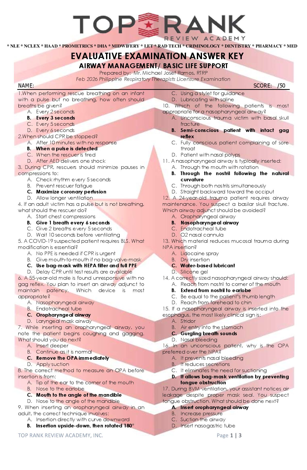 RESPI_EVALUATIVE EXAM ANSWER KEY_AIRWAY MANAGEMENT AND BLS_SC. preview image