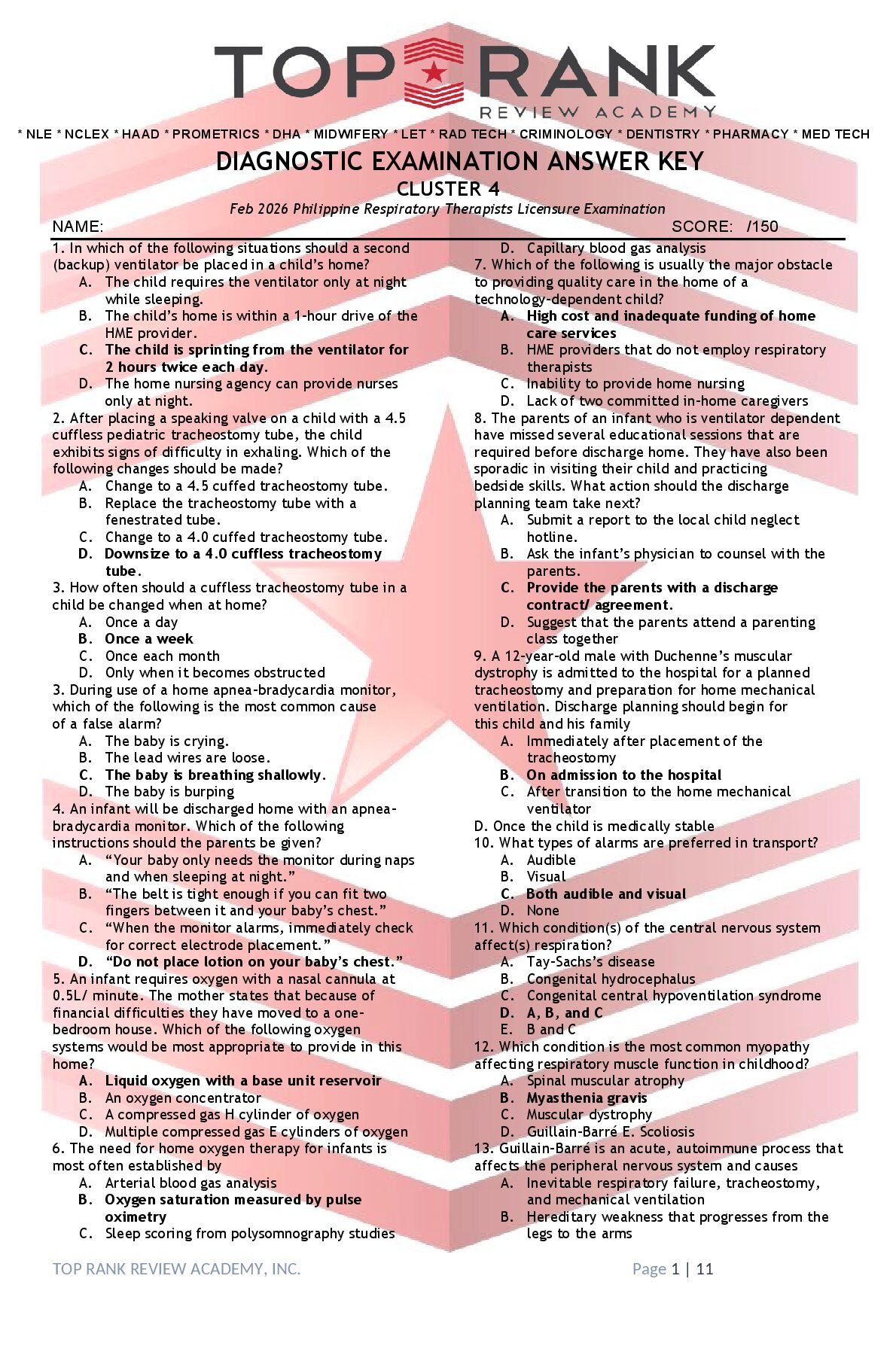 RESPI_DIAG EXAM ANSWER KEY_CLUSTER 4_SC. preview image