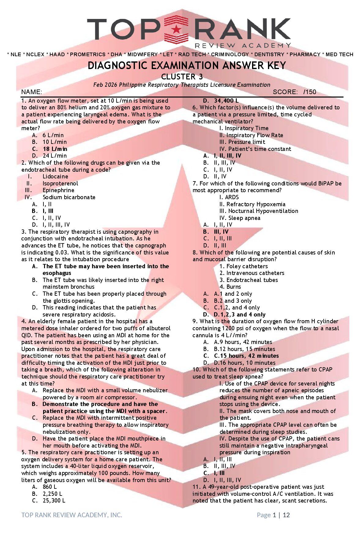 RESPI_DIAG EXAM ANSWER KEY_CLUSTER 3_SC. preview image