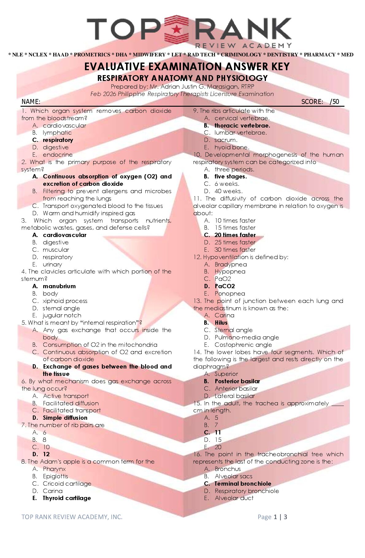 RESPI_EVALUATIVE EXAM ANSWER KEY_RESPIRATORY ANATOMY AND PHYSIOLOGY_SC preview image
