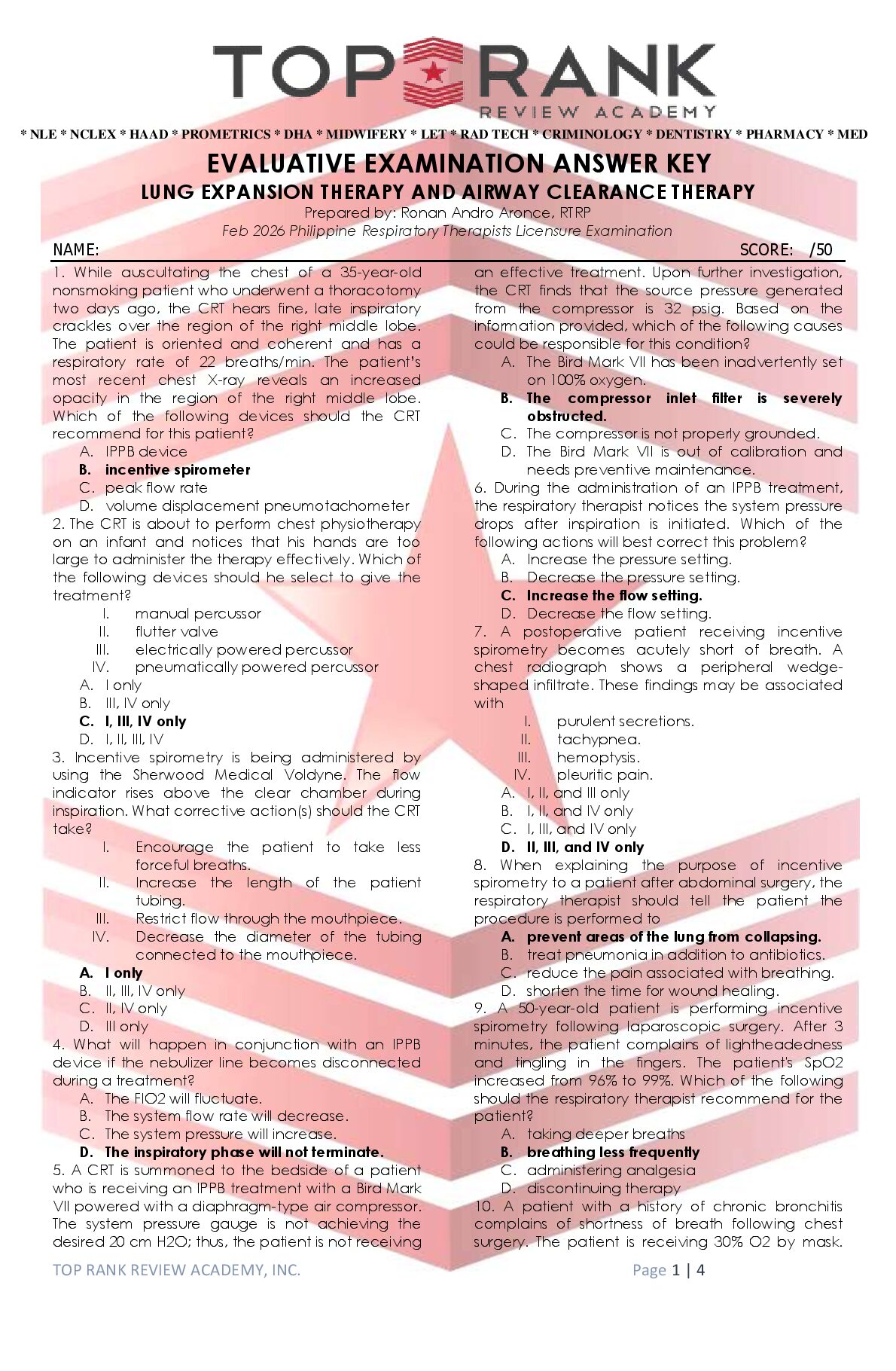 RESPI_EVALUATIVE EXAM ANSWER KEY_LUNG EXPANSION THERAPY AND AIRWAY CLEARANCE THERAPY_SC. preview image