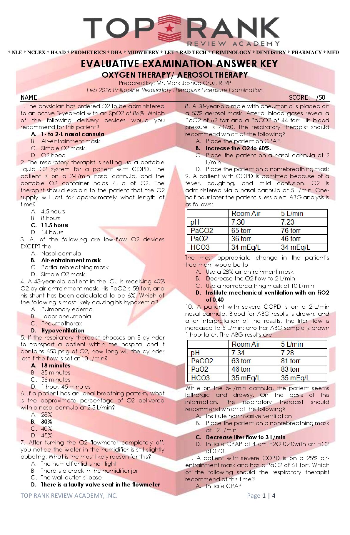 RESPI_EVALUATIVE EXAM ANSWER KEY_OXYGEN THERAPY AND AEROSOL THERAPY_SC. preview image