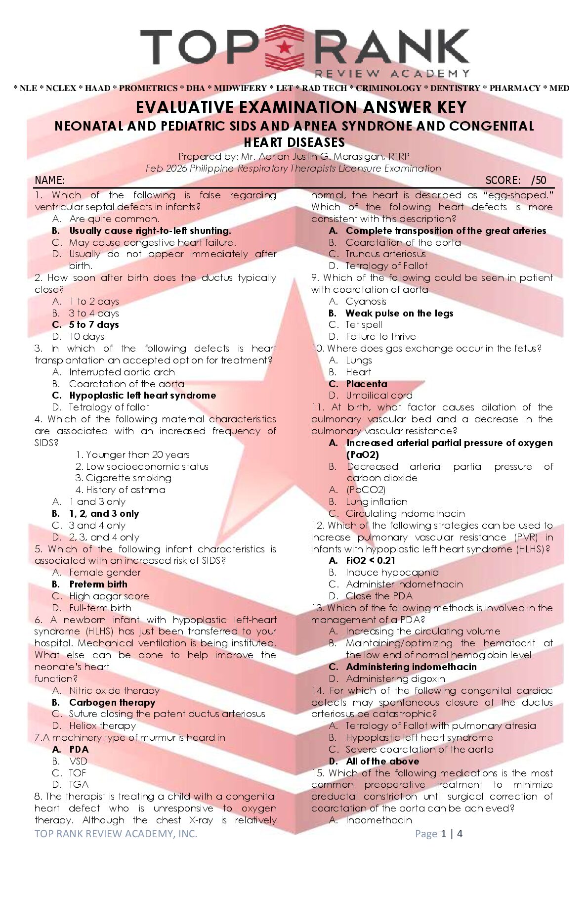 RESPI_EVALUATIVE EXAM ANSWER KEY_NEONATAL AND PEDIATRIC SIDS AND APNEA SYNDRONE AND CONGENITAL HEART preview image