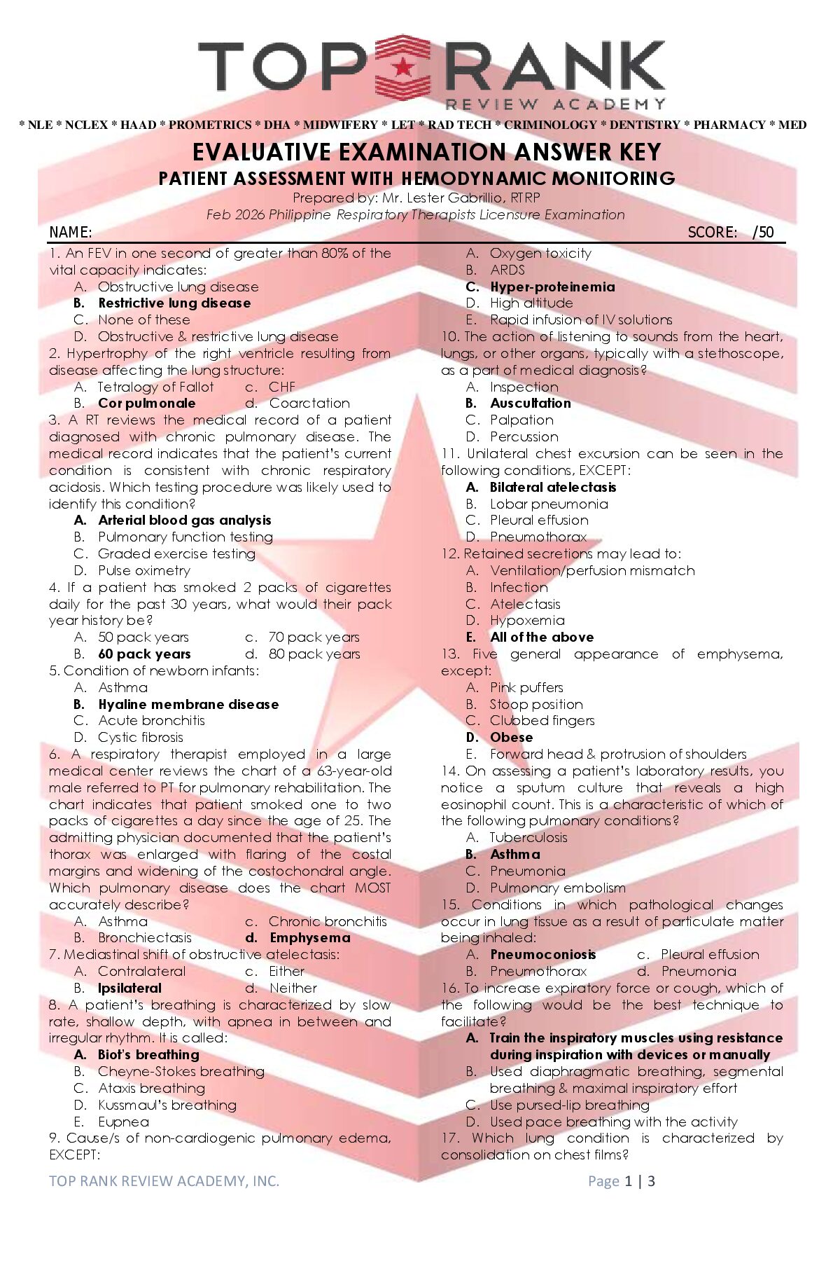 RESPI_EVALUATIVE EXAM ANSWER KEY_PATIENT ASSESSMENT WITH HEMODYNAMIC MONITORING_SC. preview image