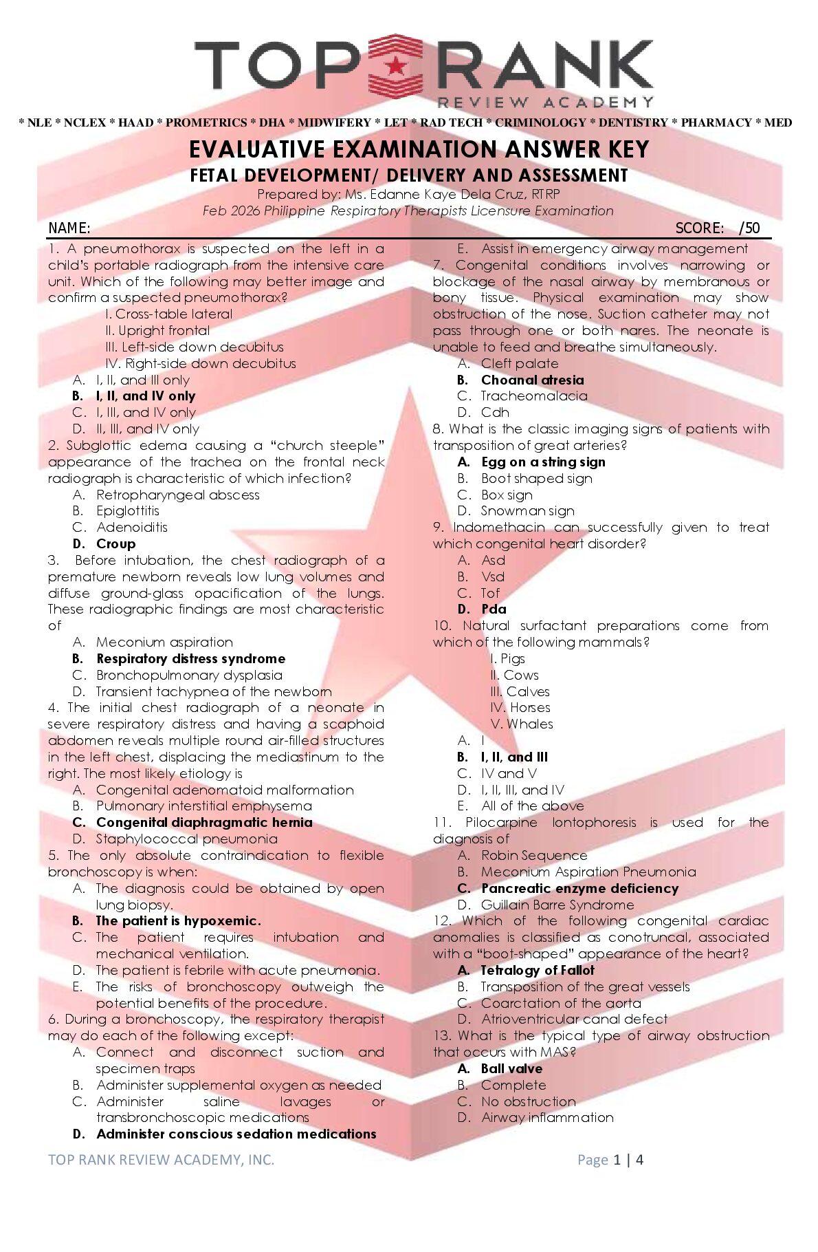 RESPI_EVALUATIVE EXAM ANSWER KEY_Fetal Development & Delivery and Assessment_SC. preview image