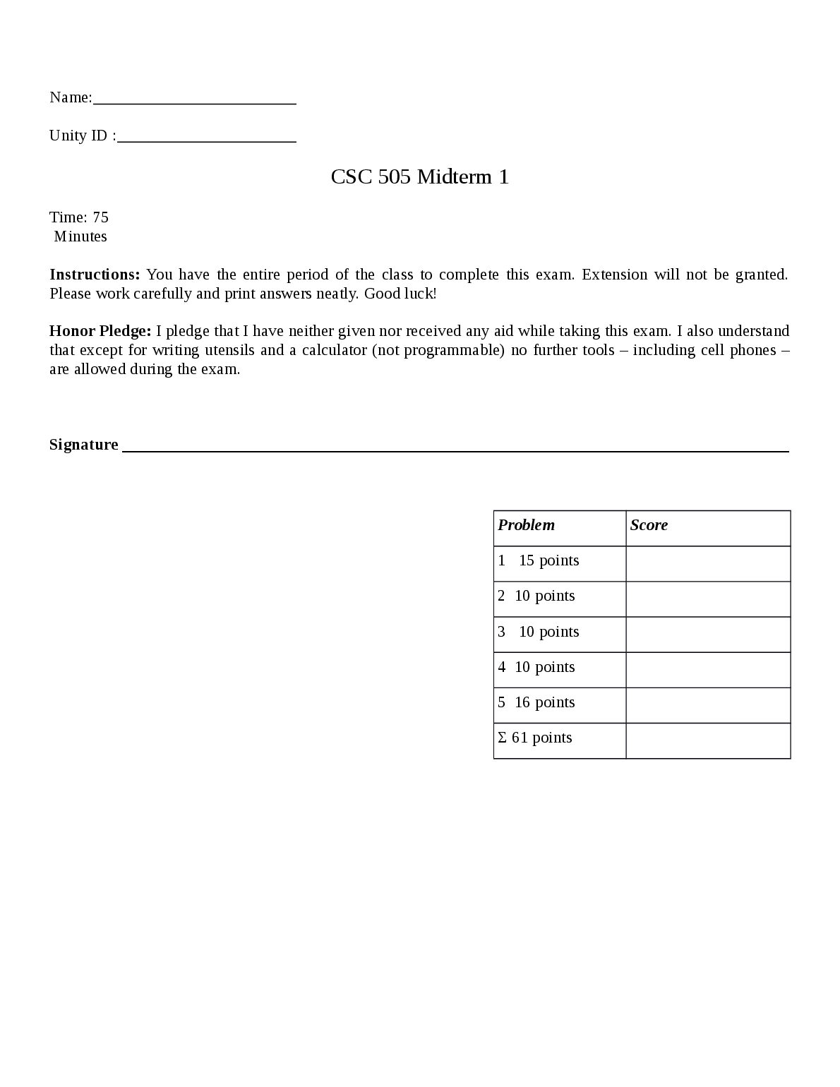 CSC 505 Midterm 1 preview image