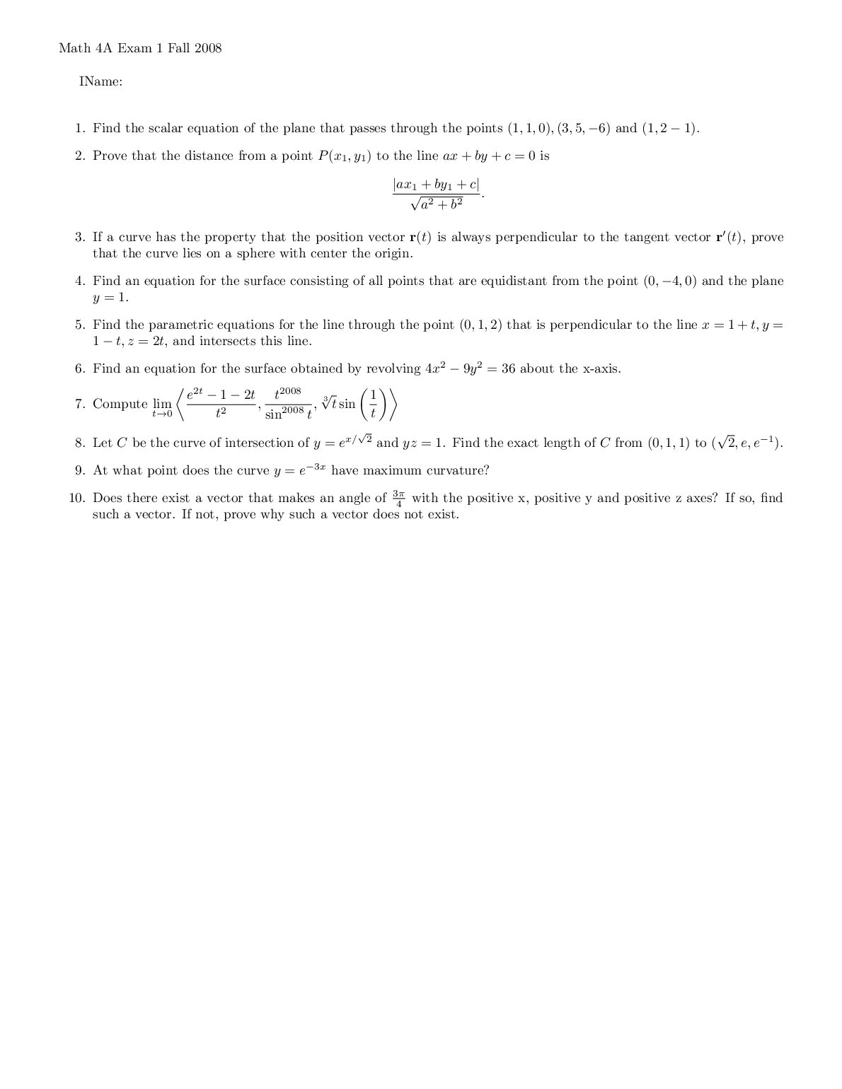 Math 4A Exam 1 Fall 2008 preview image