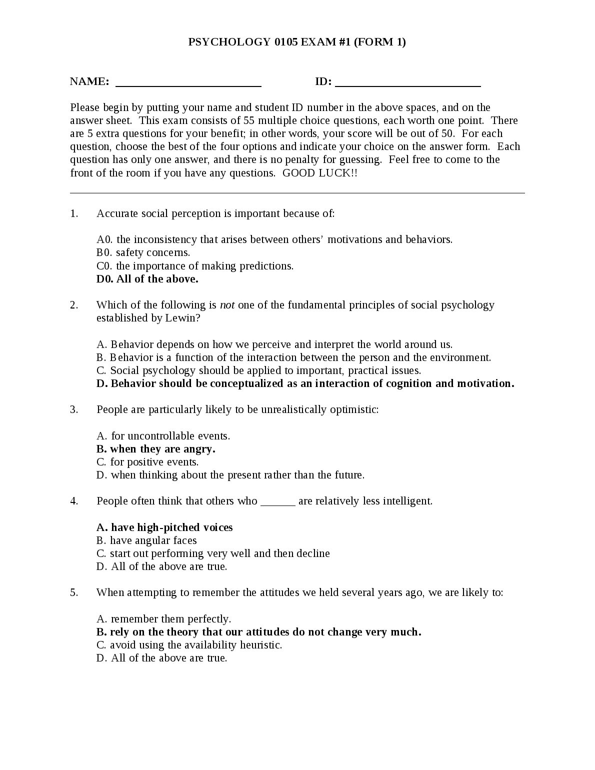 PSY 105  PSYCHOLOGY 0105 EXAM #1 (FORM 1) preview image