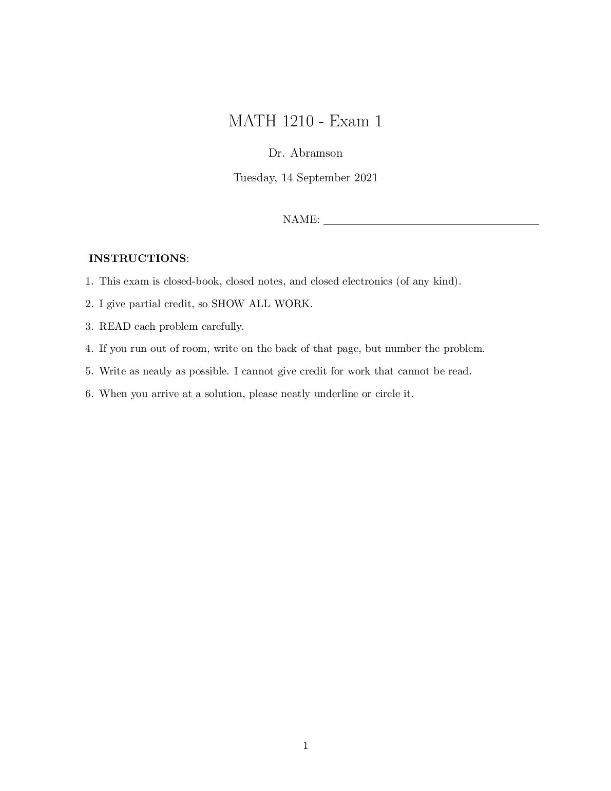 MATH 1210 - Exam 1 Practice Exam 1 preview image