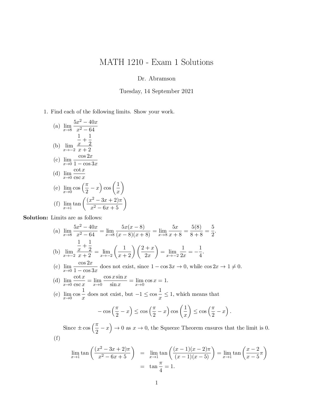 MATH 1210 - Exam 1 Solutions preview image