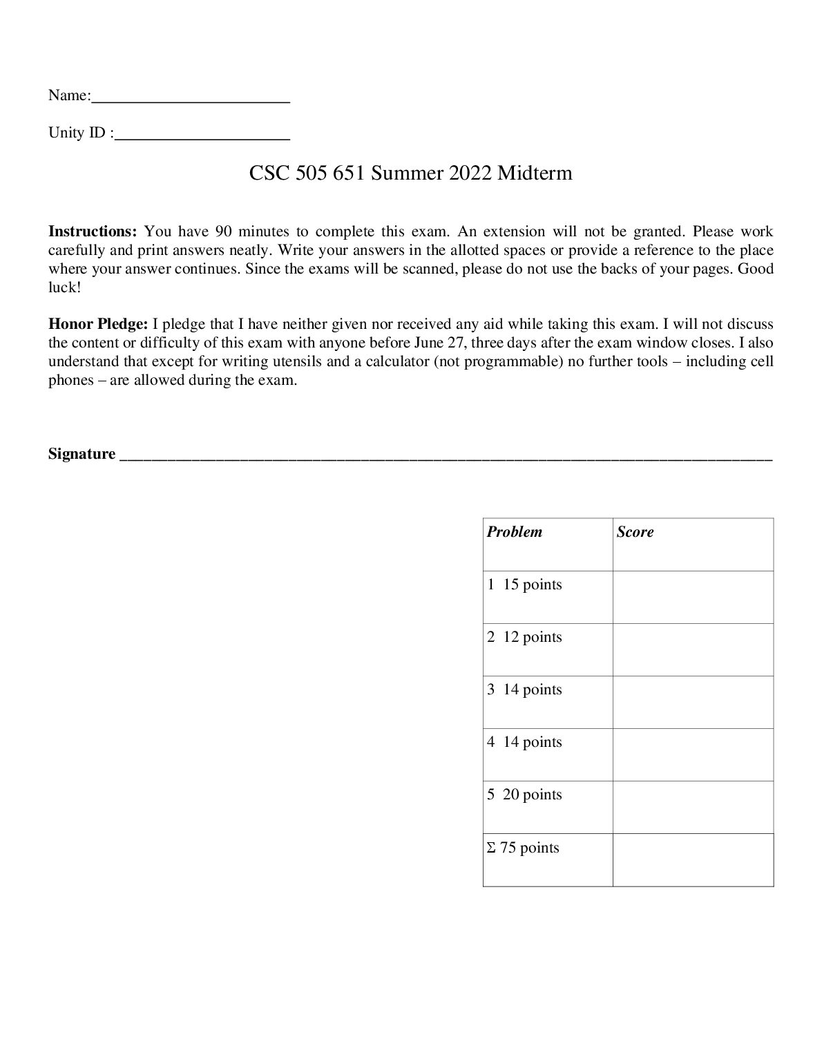 CSC 505 651 Summer Midterm preview image