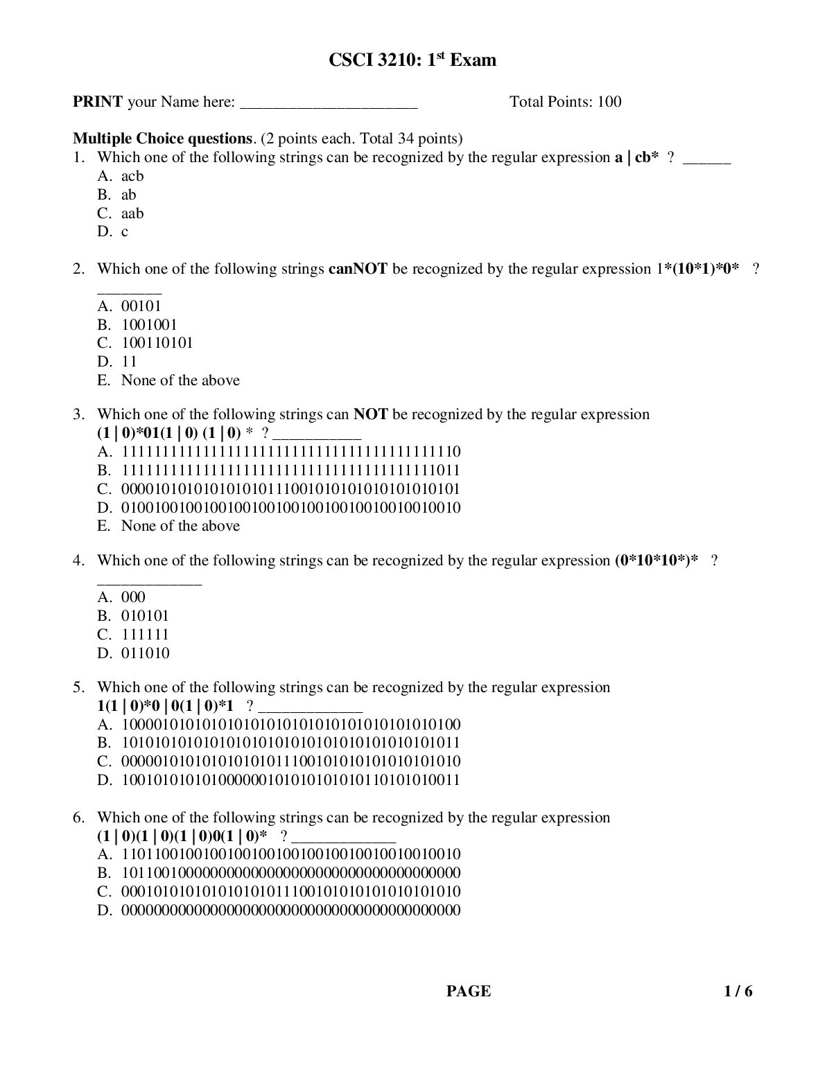 CSCI 3210: 1st Exam preview image